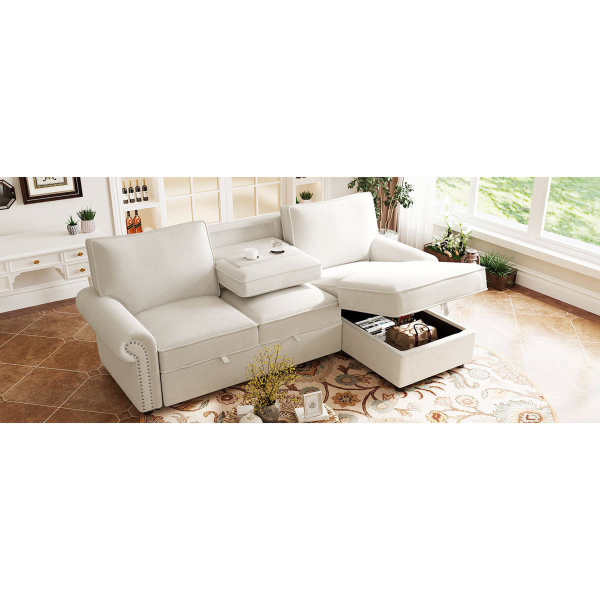 variant-group:rf-n711wy000466aaa|Roomfitters 95" Convertible Sectional Sleeper Sofa L-Shaped Couch with Storage Chaise and Pull Out Bed for Living Room, Beige