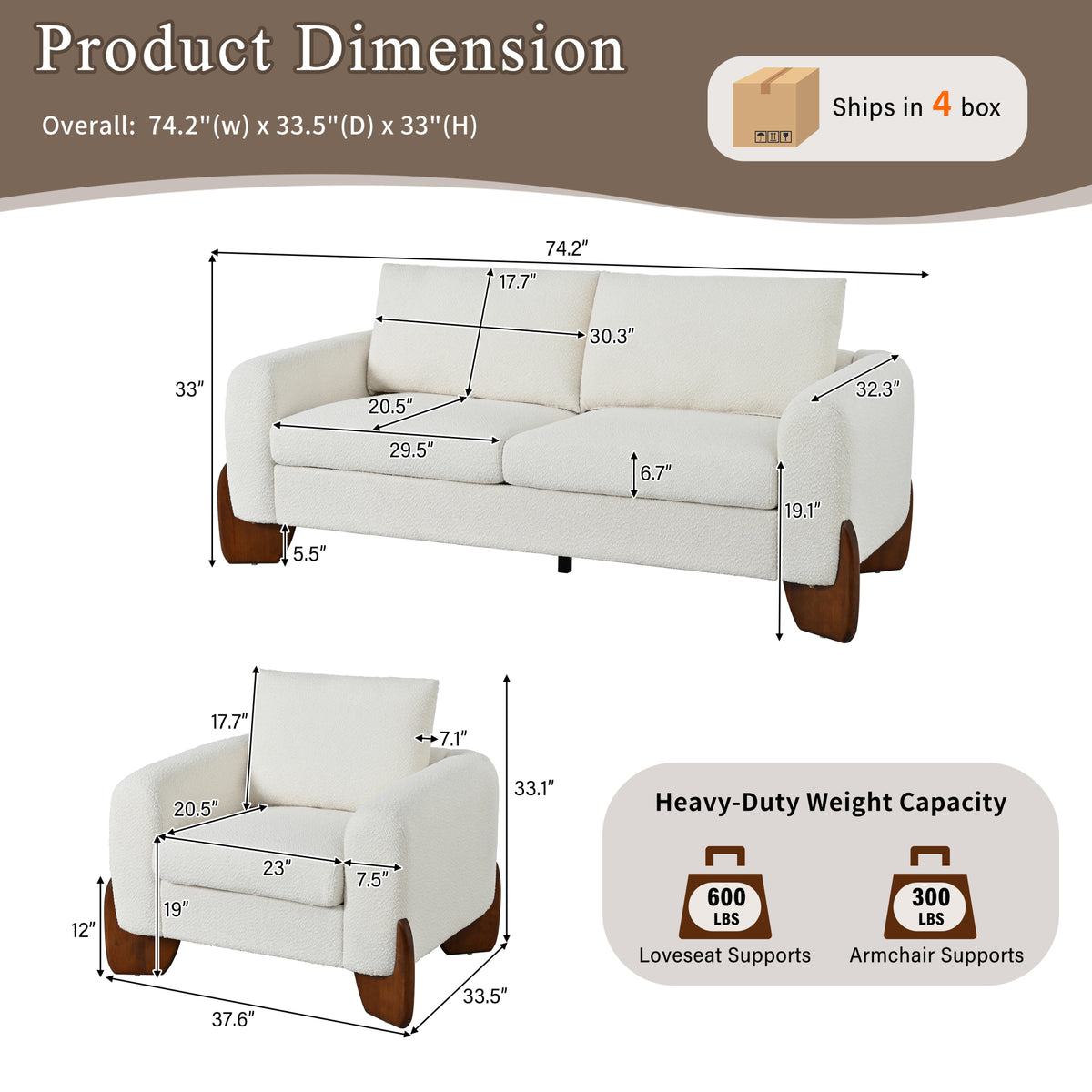 variant-group:rf-n711wy000479aaa|Roomfitters Modern 3-Piece Living Room Sofa Set, Bouclé Fabric Loveseat and 2 Armchairs Pack, Beige Pinewood Lounge