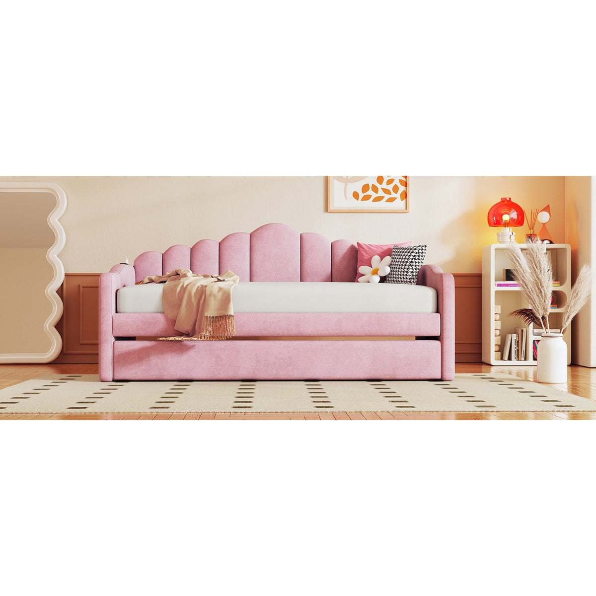 Roomfitters Twin Upholstered Daybed with Trundle, Velvet Sofa Bed with USB Charging Ports, No Box Spring, Pink