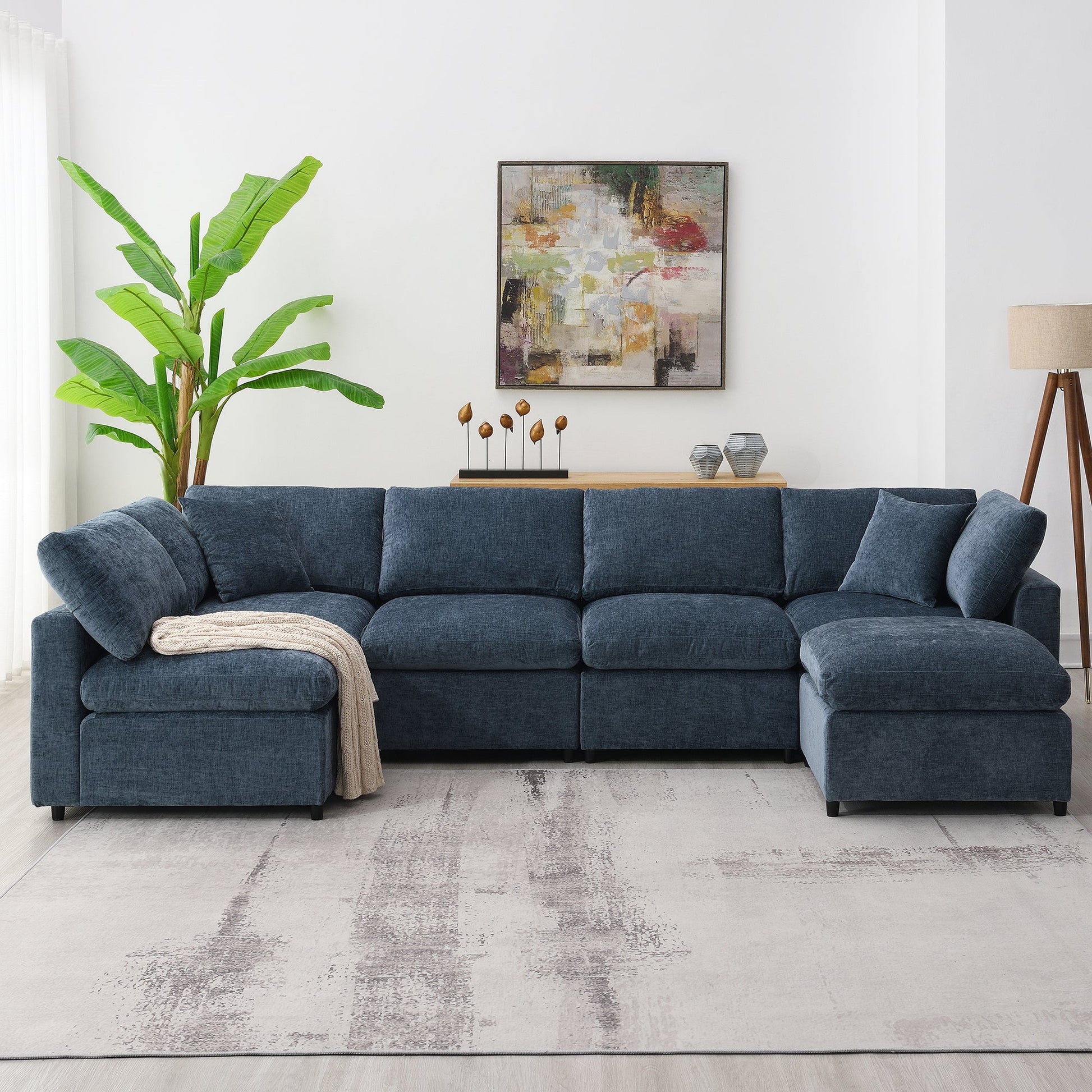 Roomfitters 130 Inch U-Shaped Modular Sectional Sofa Bed, Cloud Sleeper Couch with Plush Cushions for Living Room, Dark Blue Roomfitters