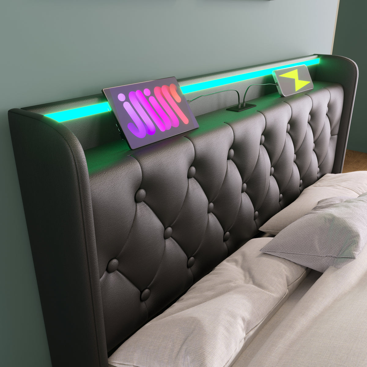 variant-group:rf-n736p188806b|Roomfitters Full Size Upholstered Storage Bed with USB Type-C Charging and Remote Control, Faux Leather Black