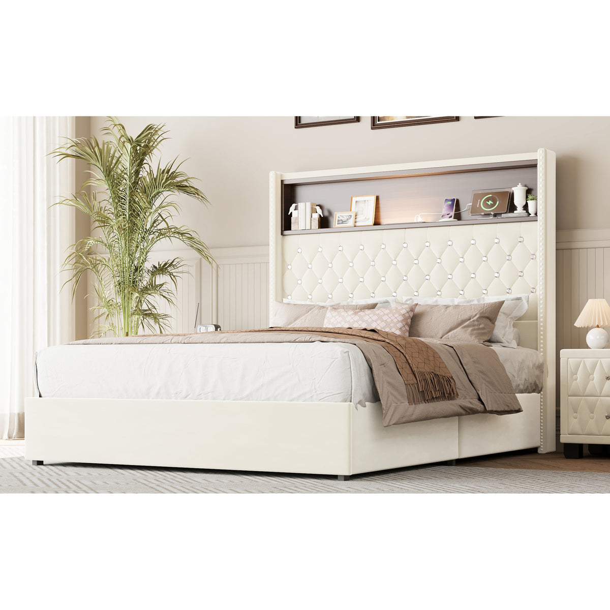 variant-group:rf-n733p368653a|Roomfitters Full Velvet Tufted Platform Bed with Charging Ports, Tall Wingback Headboard with Rivet Trim and Shelf, Beige