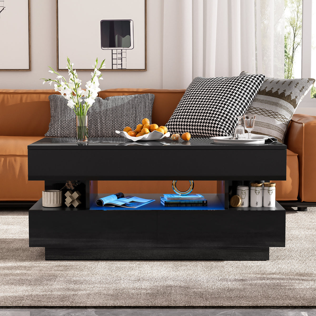 variant-group:rf-n724p290058b|Roomfitters Lift-Top Coffee Table with Hidden Storage and 2 Drawers, Multi-Functional Modern Table, Black