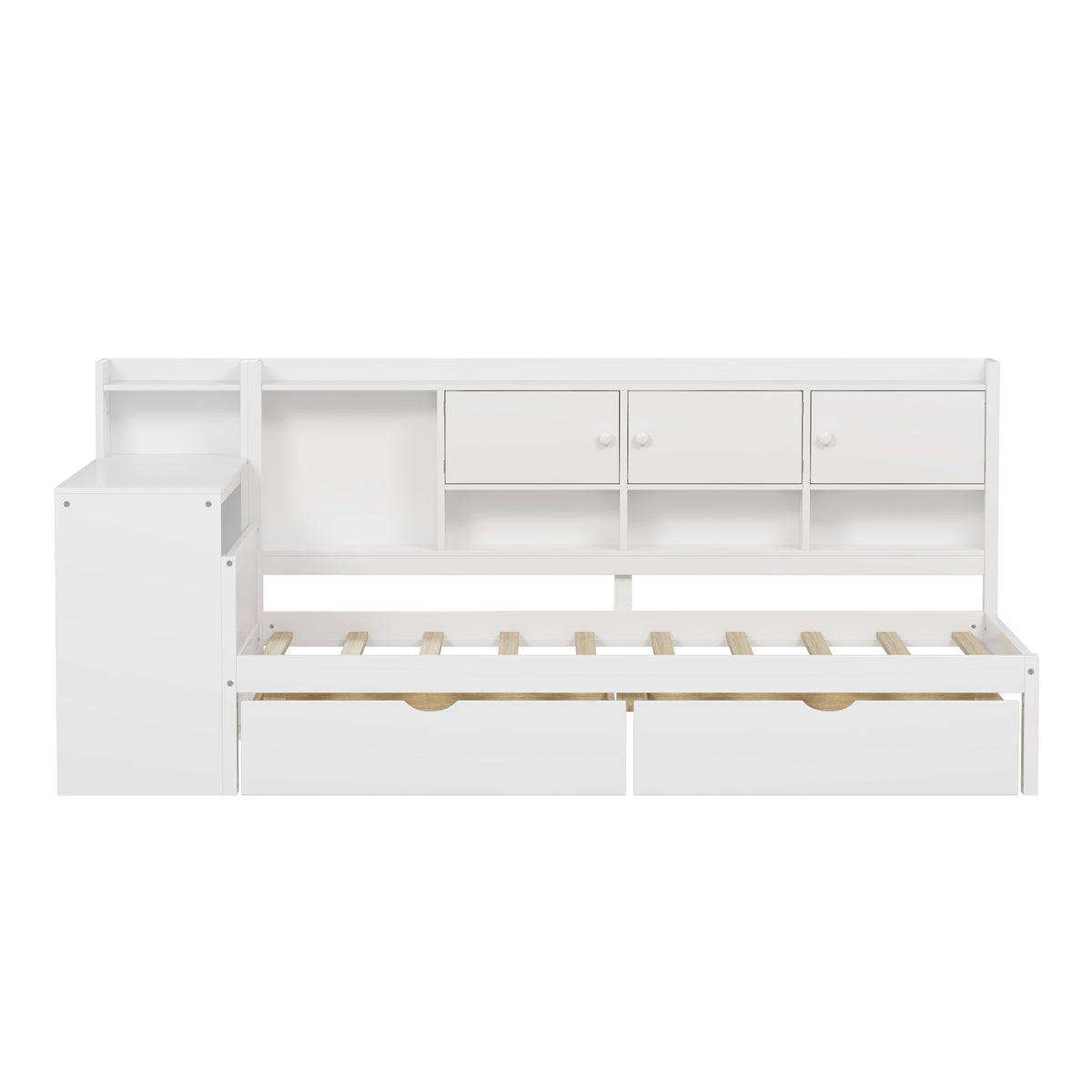 Roomfitters Wooden L-Shape Daybed with Storage Cabinets, Study Desk, Built-In Bookshelf, Space-Saving Platform Bed, White
