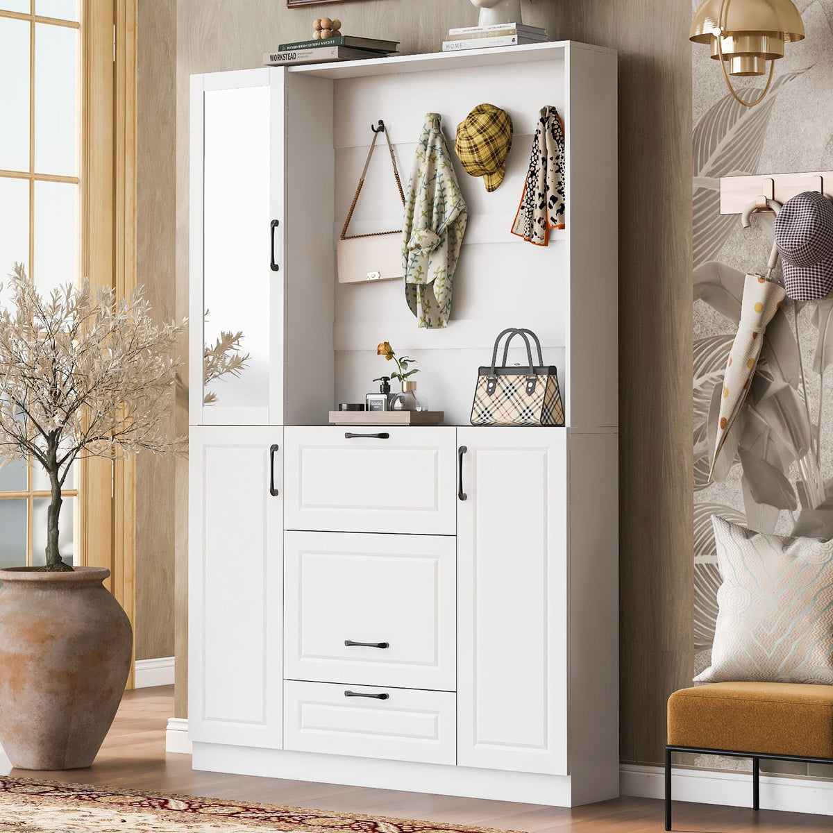 Roomfitters Entryway Bench with Shoe Cabinet and Mirror Door, Foldable Seat and 4 Hooks, White Roomfitters