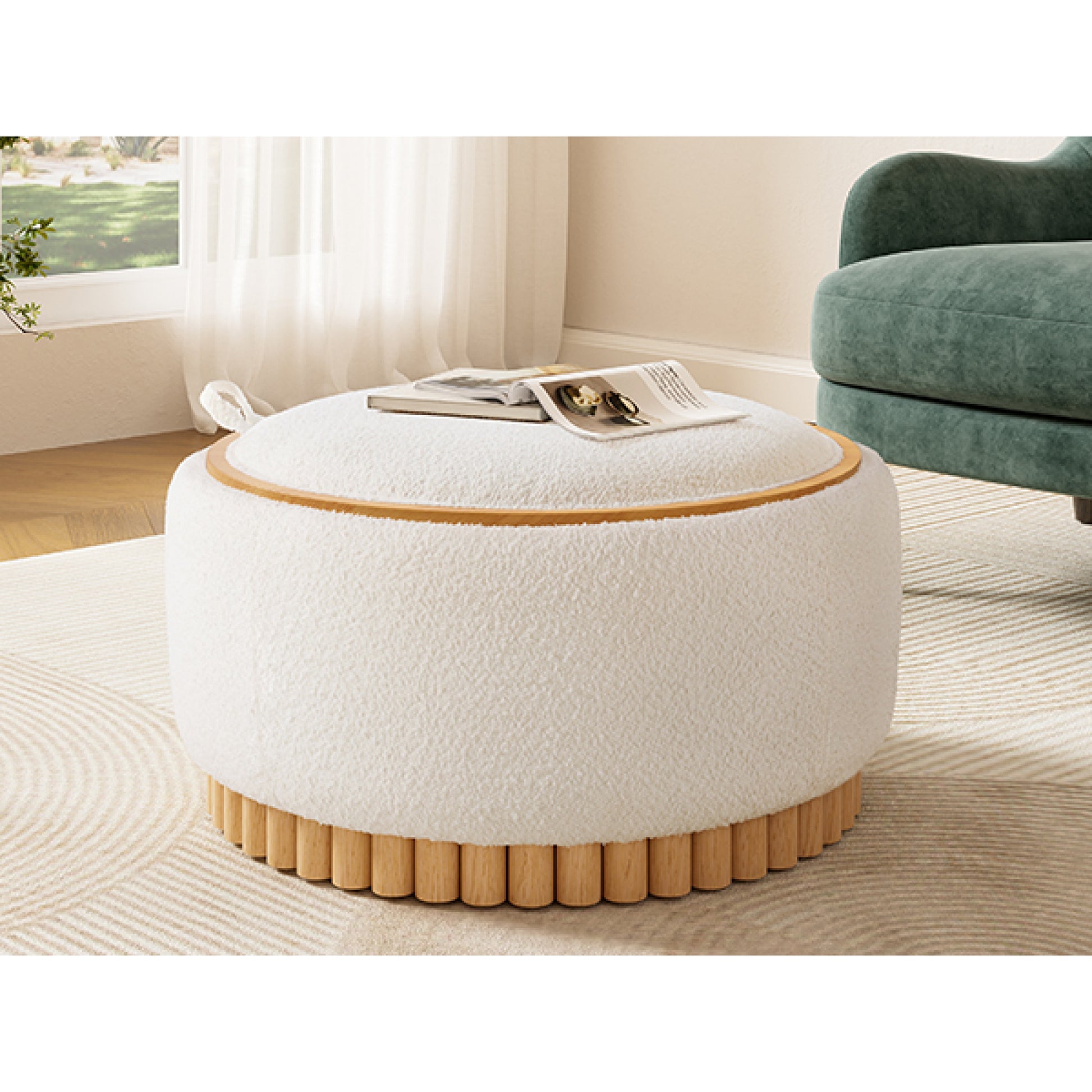 variant-group:rf-n723p405304a|Roomfitters 29 Inch Round Storage Ottoman with Reversible Wooden Tray Top, Upholstered Coffee Table for Living Room, Beige