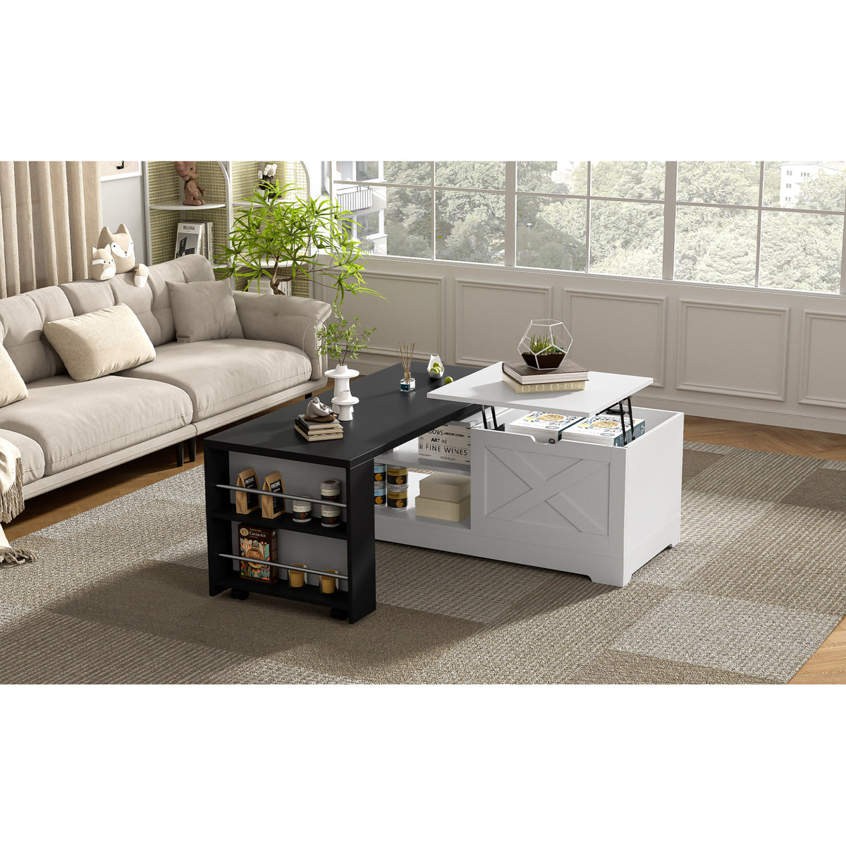 variant-group:rf-n724p351732k|Roomfitters Farmhouse Lift Top Coffee Table with Barn Doors and Outlets, White & Black