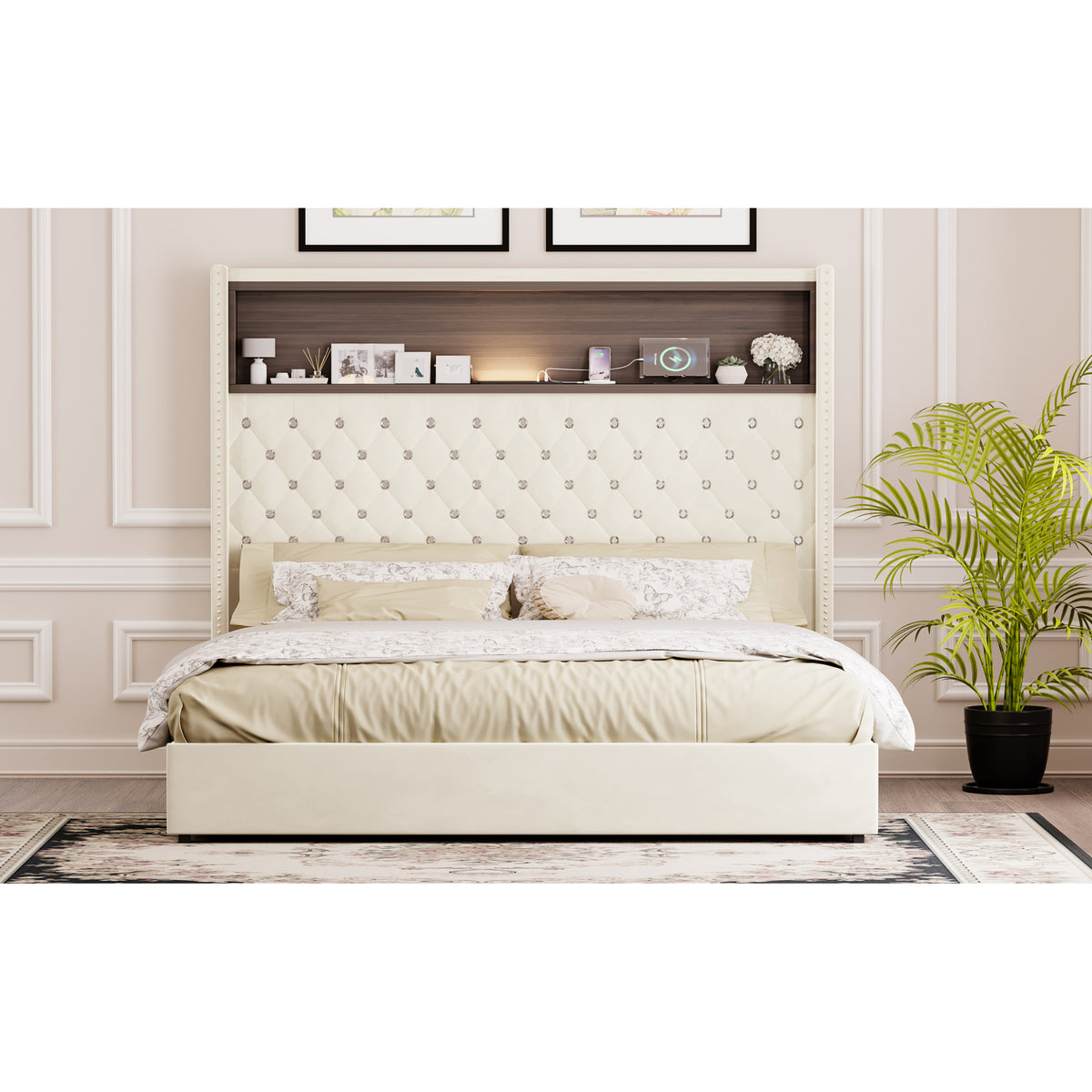variant-group:rf-n733p367135a|Roomfitters Queen Velvet Tufted Platform Bed with Charging Ports, Tall Wingback Headboard with Rivet Trim and Shelf, Beige