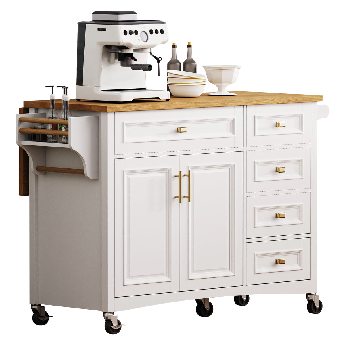 variant-group:rf-n707p195393w|Roomfitters 52" Kitchen Island with Drop Leaf, Rolling Kitchen Cart with Storage Cabinet, Spice Rack, Towel Rack, Adjustable Shelf, White