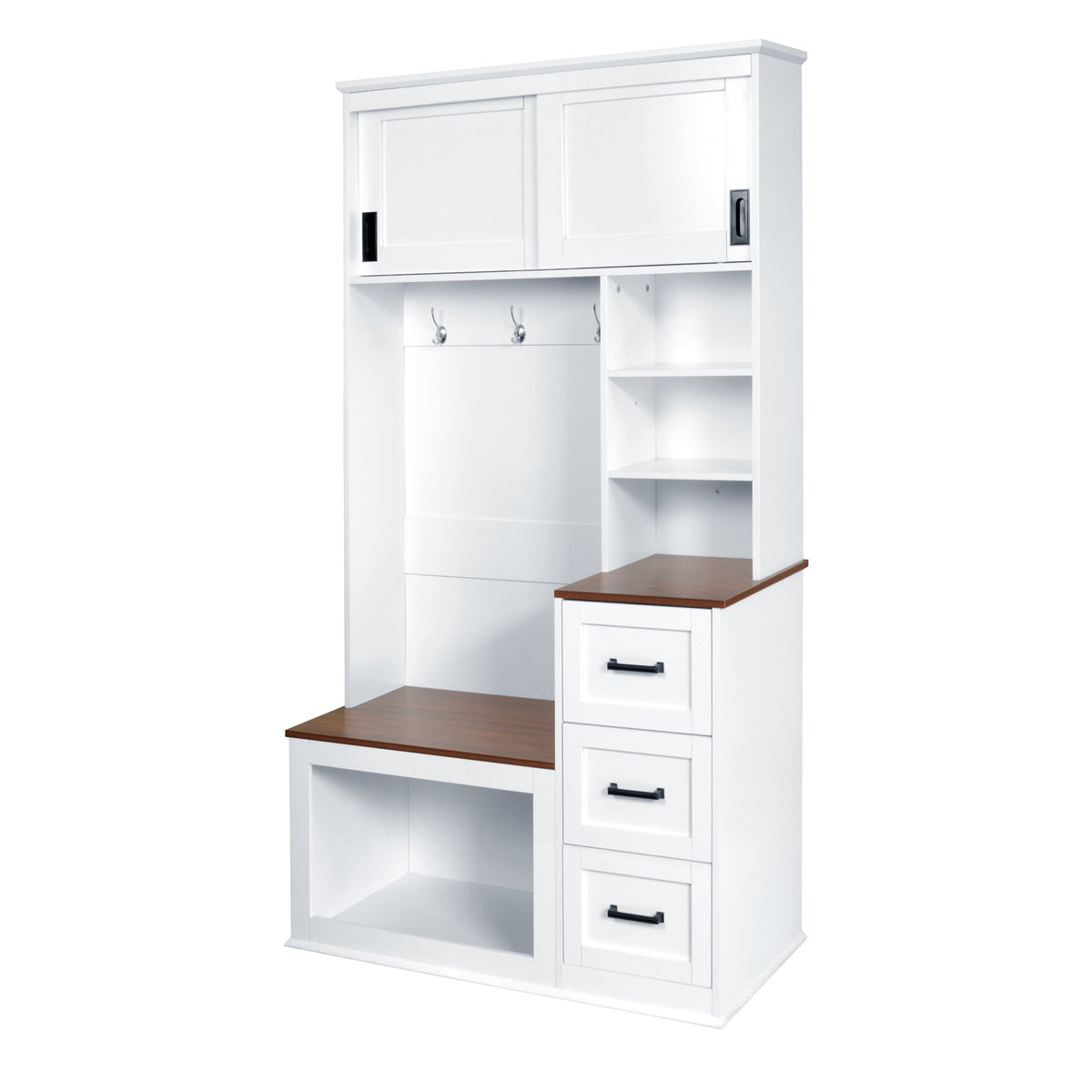 Roomfitters Modern Entryway Bench with Coat Rack, Hooks, Drawers and 3 Shelves, 40.2" Hall Tree, White Roomfitters