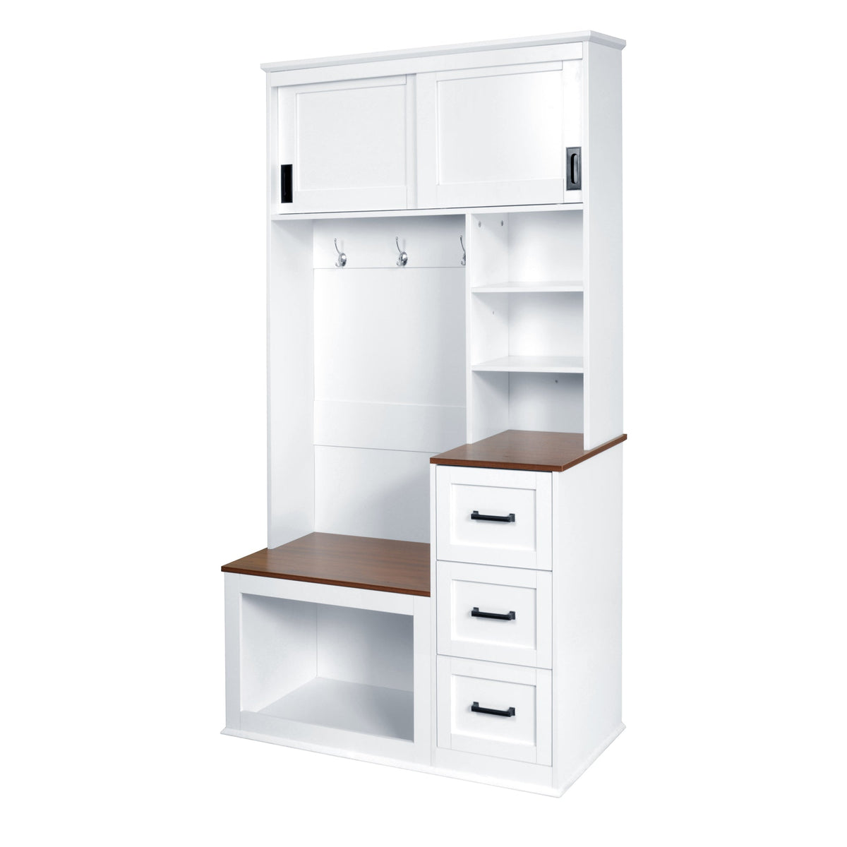 Roomfitters Modern Entryway Hall Tree with Storage Bench, 3 Drawers, White & Walnut Roomfitters
