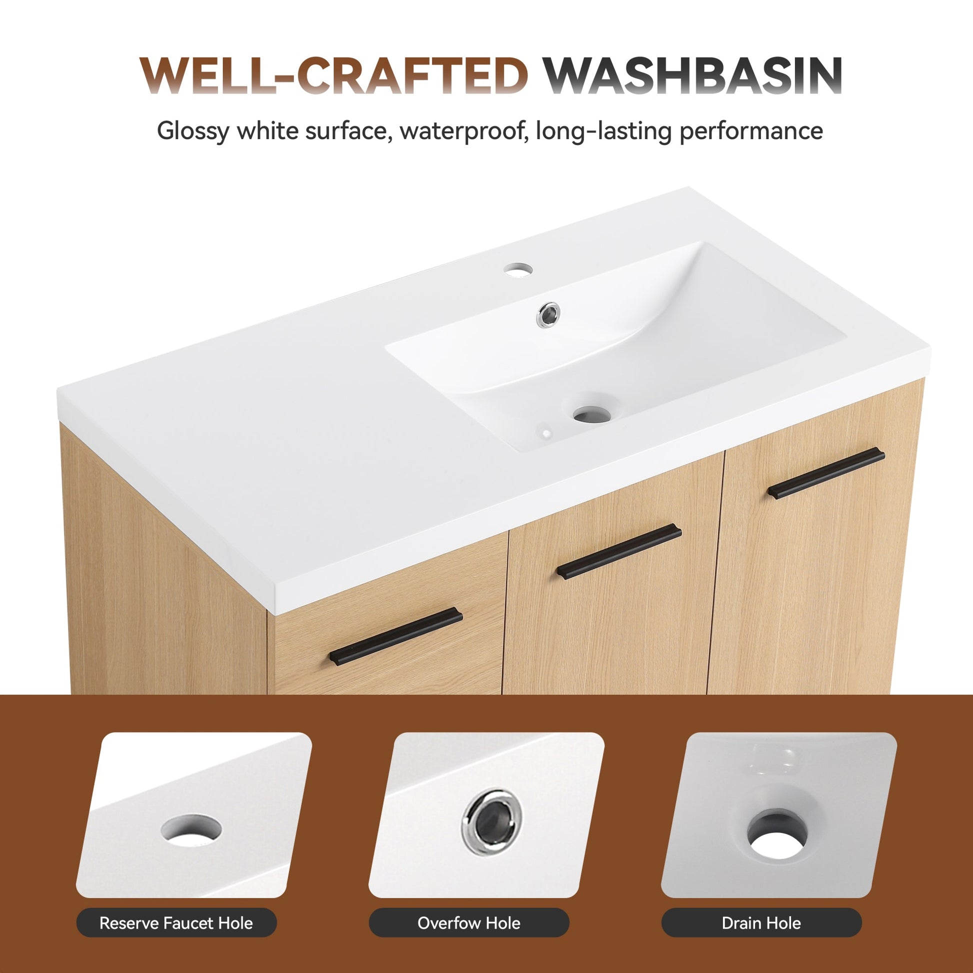 36" Wall-Mounted Floating Bathroom Vanity with Sink, Light Oak, 2-Door & 2-Drawer Modular Cabinet, Gel Coat Sink Top, 3 Boxes Roomfitters