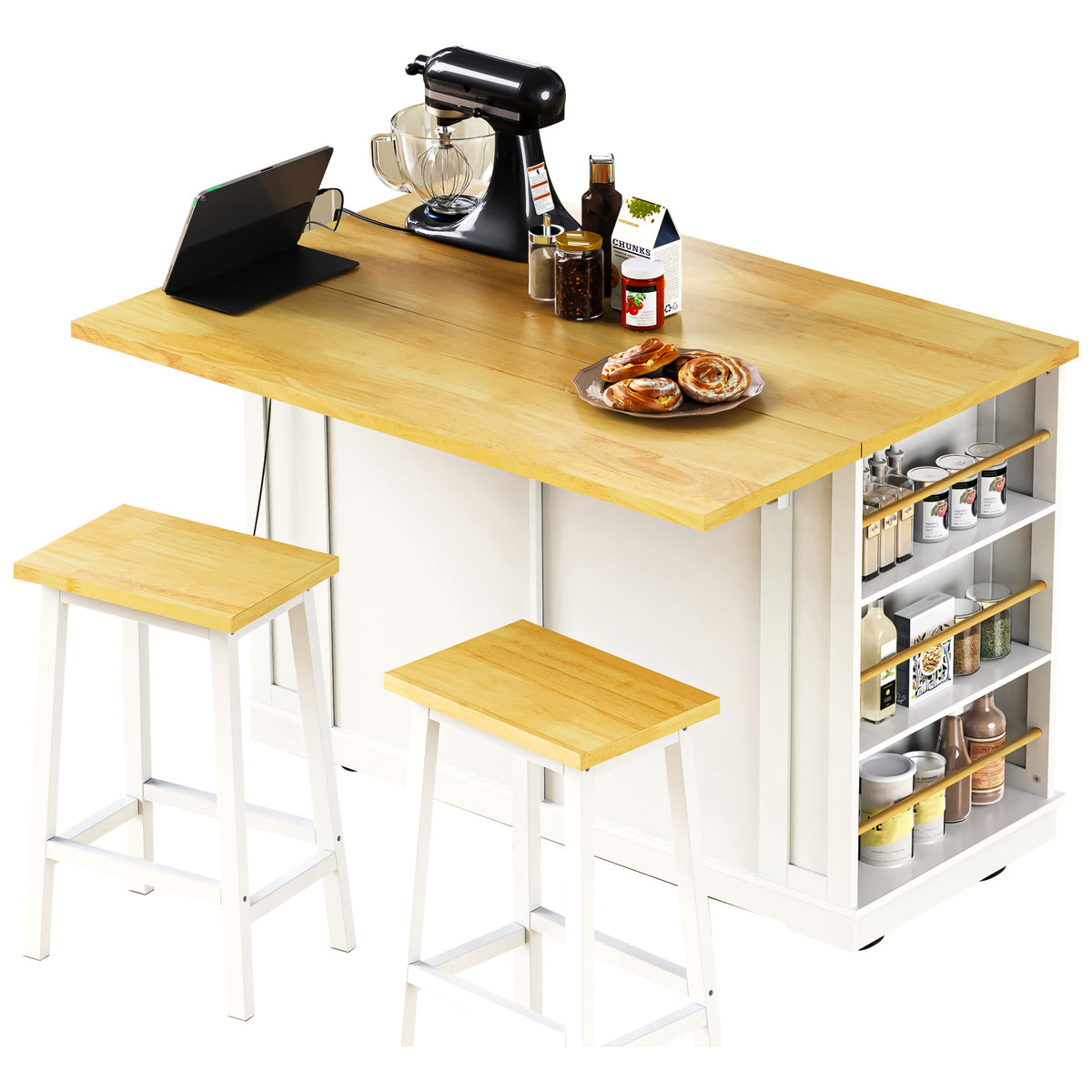 variant-group:rf-n707s257057w|Roomfitters 48" Kitchen Island with Power Outlet and Drop Leaf, Rolling Storage Cabinet with Wood Top and Spice Rack, White