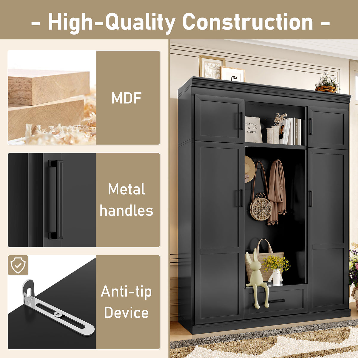 variant-group:rf-n724sj000140aab|Roomfitters 85.2" Hall Tree with Bench, 3 Hooks, 4 Doors, 1 Drawer and Adjustable Storage Shelves, Black