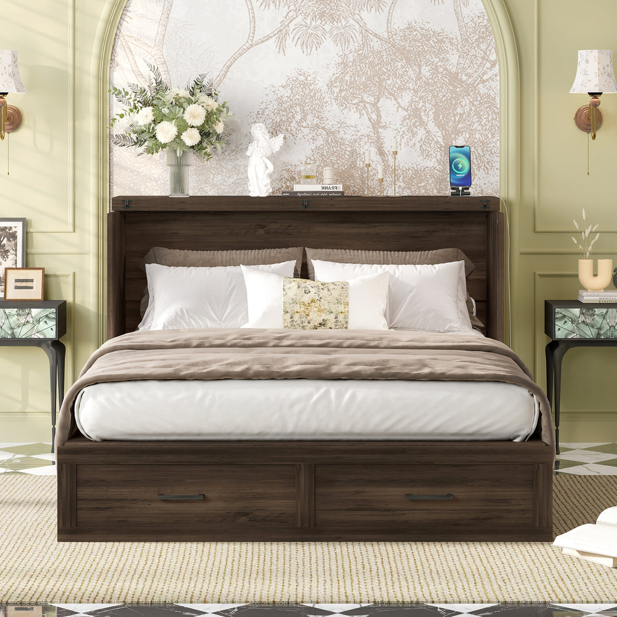 variant-group:rf-n733s361778g|Roomfitters Queen Farmhouse Murphy Cabinet Bed with Charging Station, Foldable Platform Bed with Storage Drawer, Rustic Gray