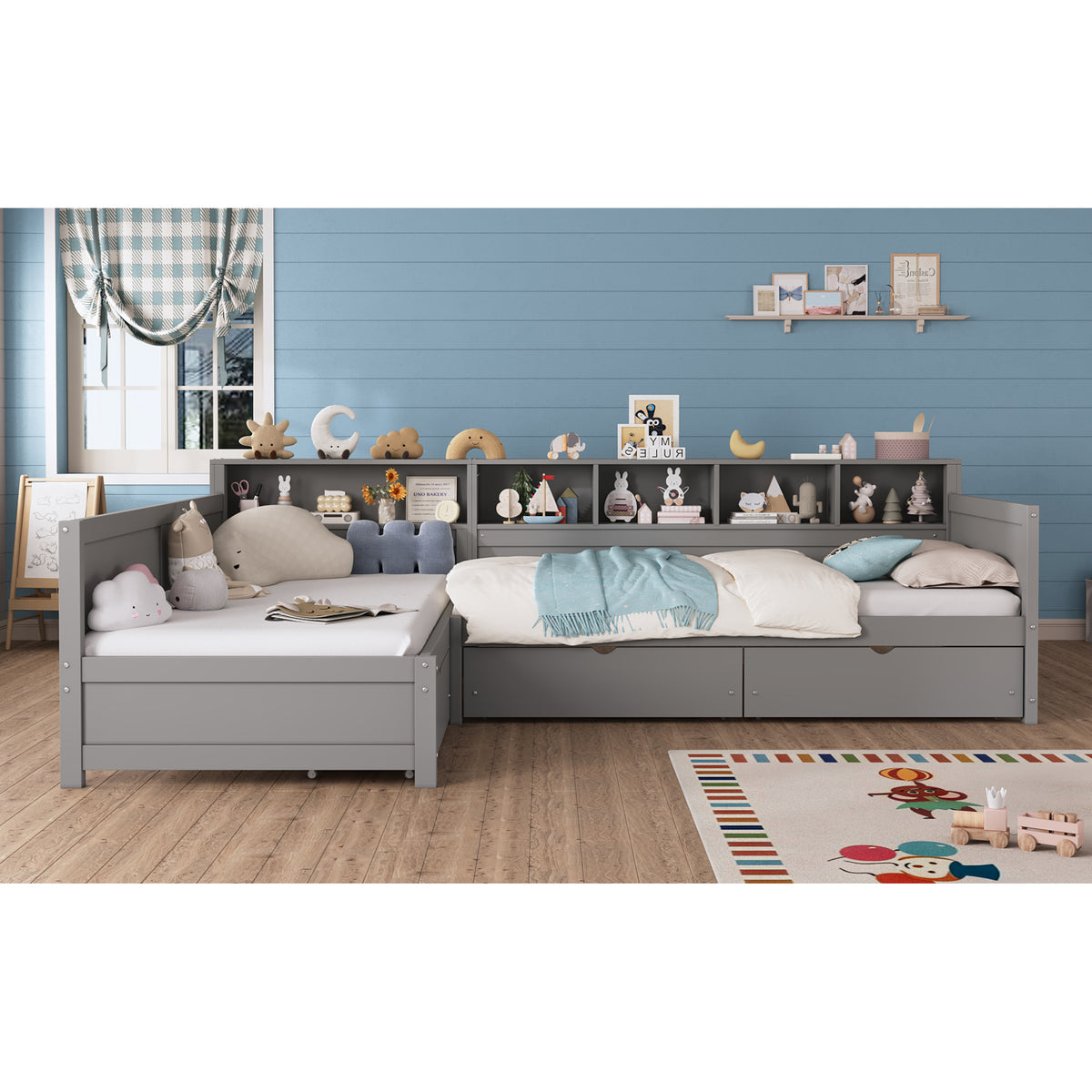 variant-group:rf-n733s369272e|Roomfitters Twin L-Shaped Daybed for 2 with 3 Storage Drawers, Wooden Corner Bed Frame with Bookshelf for Bedroom, Gray