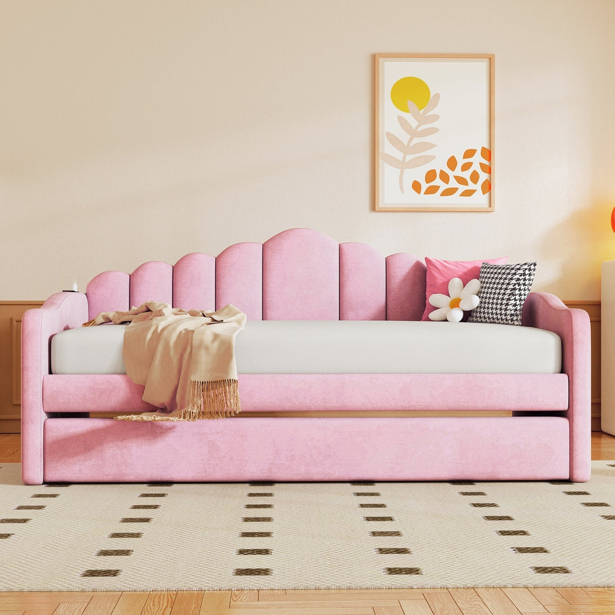 Roomfitters Twin Upholstered Daybed with Trundle, Velvet Sofa Bed with USB Charging Ports, No Box Spring, Pink