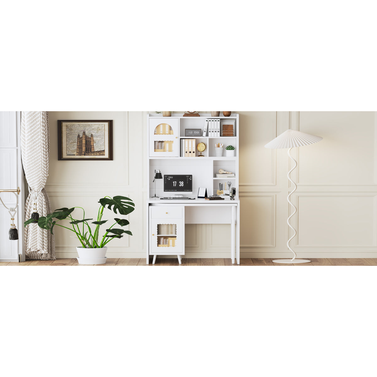 variant-group:rf-n733s363716k|Roomfitters Rotating L-Shaped Computer Desk with Shelves and Storage, 90° Swivel Office Writing Desk, White