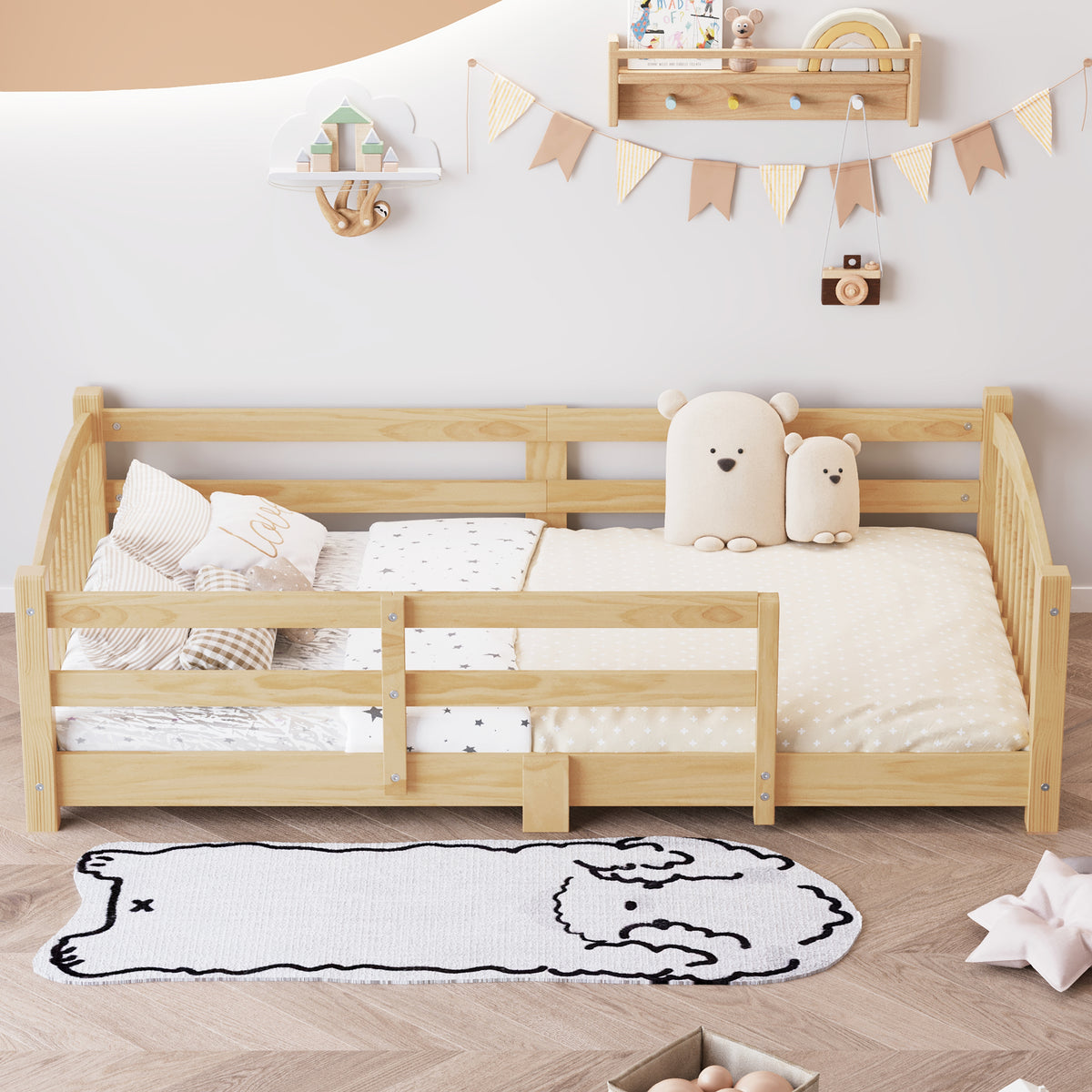 variant-group:rf-n733p400298n|Roomfitters Twin Montessori Floor Bed with Guardrails, Solid Wood Low Platform Bed with Slats, Easy Assembly, Natural