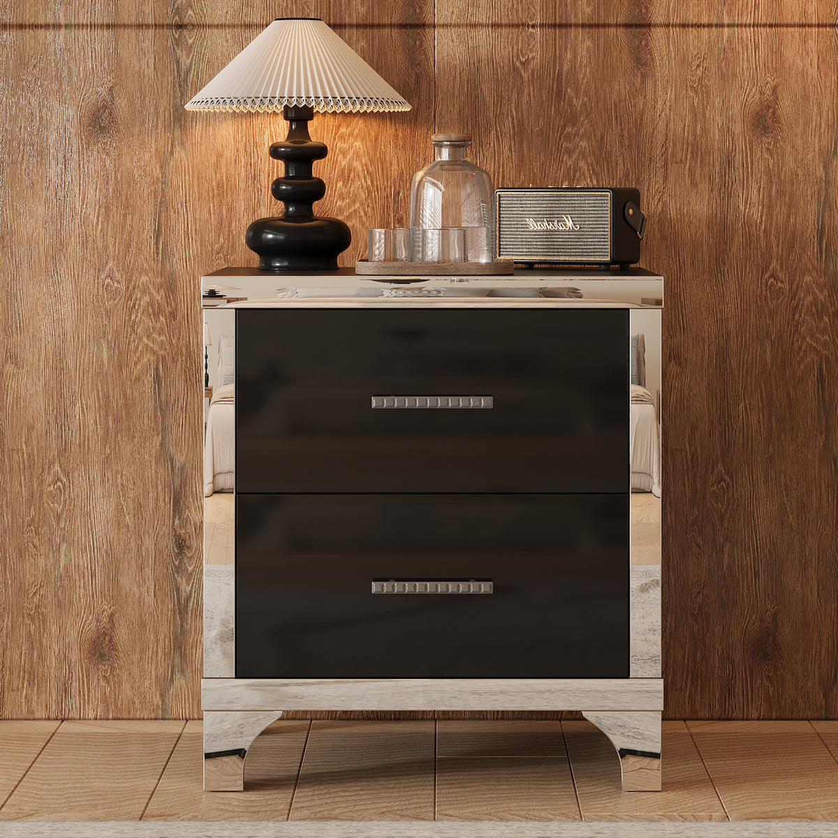variant-group:rf-n733p205356b|Roomfitters High Gloss Nightstand with Metal Handle, Mirrored Bedside Storage Table for Bedroom or Living Room, Black