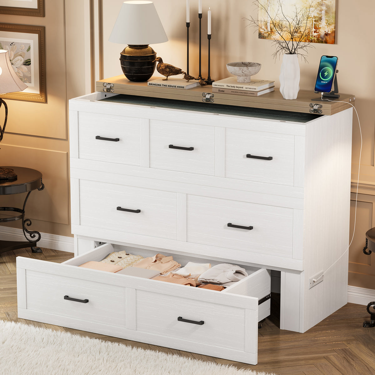 variant-group:rf-n733s293995w|Roomfitters Full Size Murphy Bed Cabinet with Charging Station, Foldable Platform Bed with Storage Drawer, White