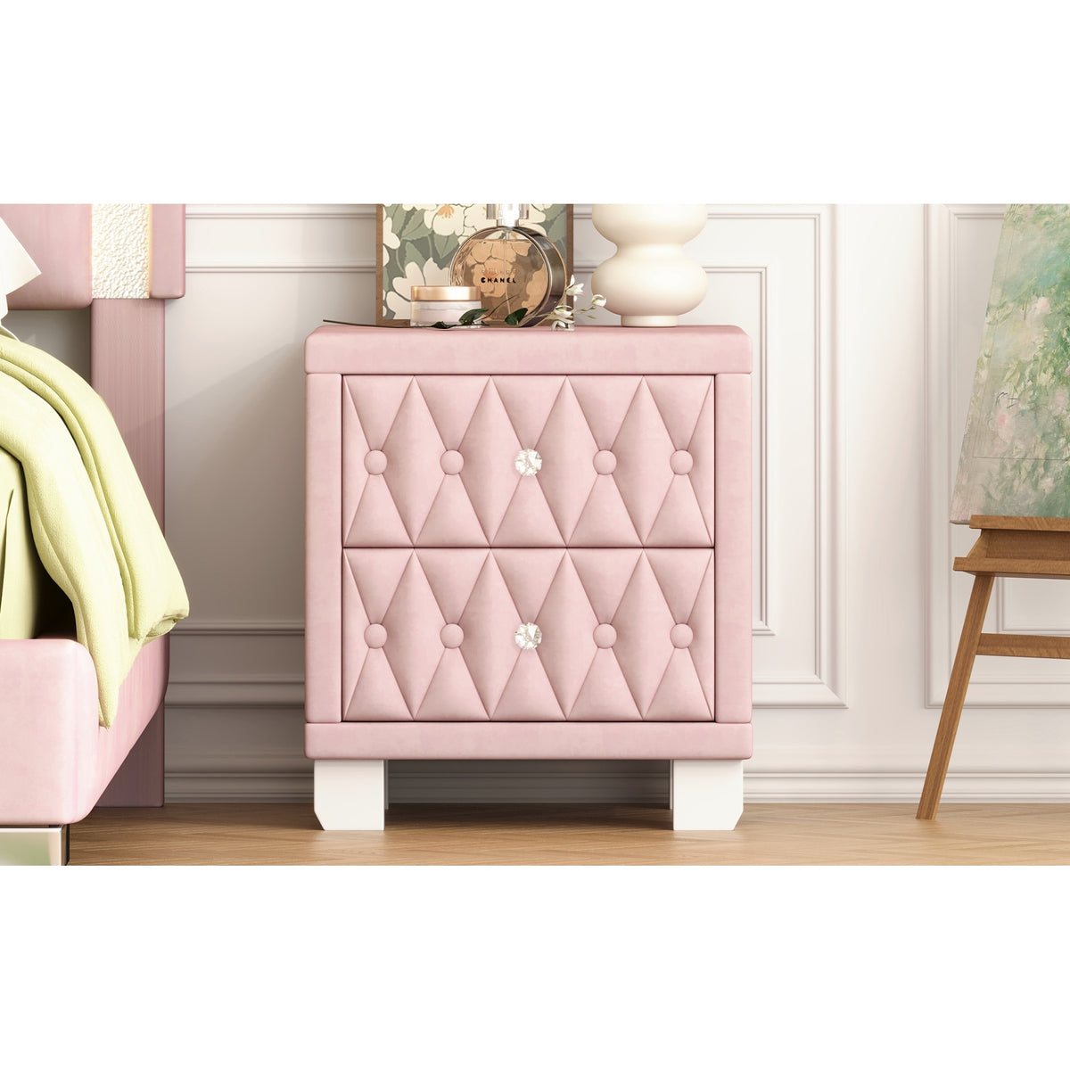 variant-group:rf-n733p210398h|Roomfitters Velvet Nightstand with Crystal Handles, Button-Tufted Upholstered Bedside Table with Two Storage Compartments, Pink