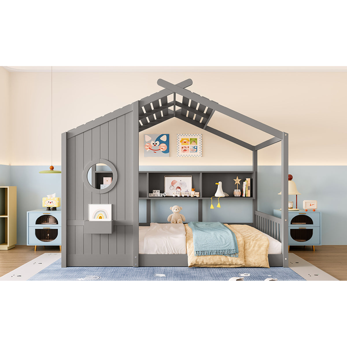 variant-group:rf-n733p335068e|Roomfitters Full Size Floor House Bed with Storage Shelf and Roof Design, Montessori Playhouse Bed, Gray