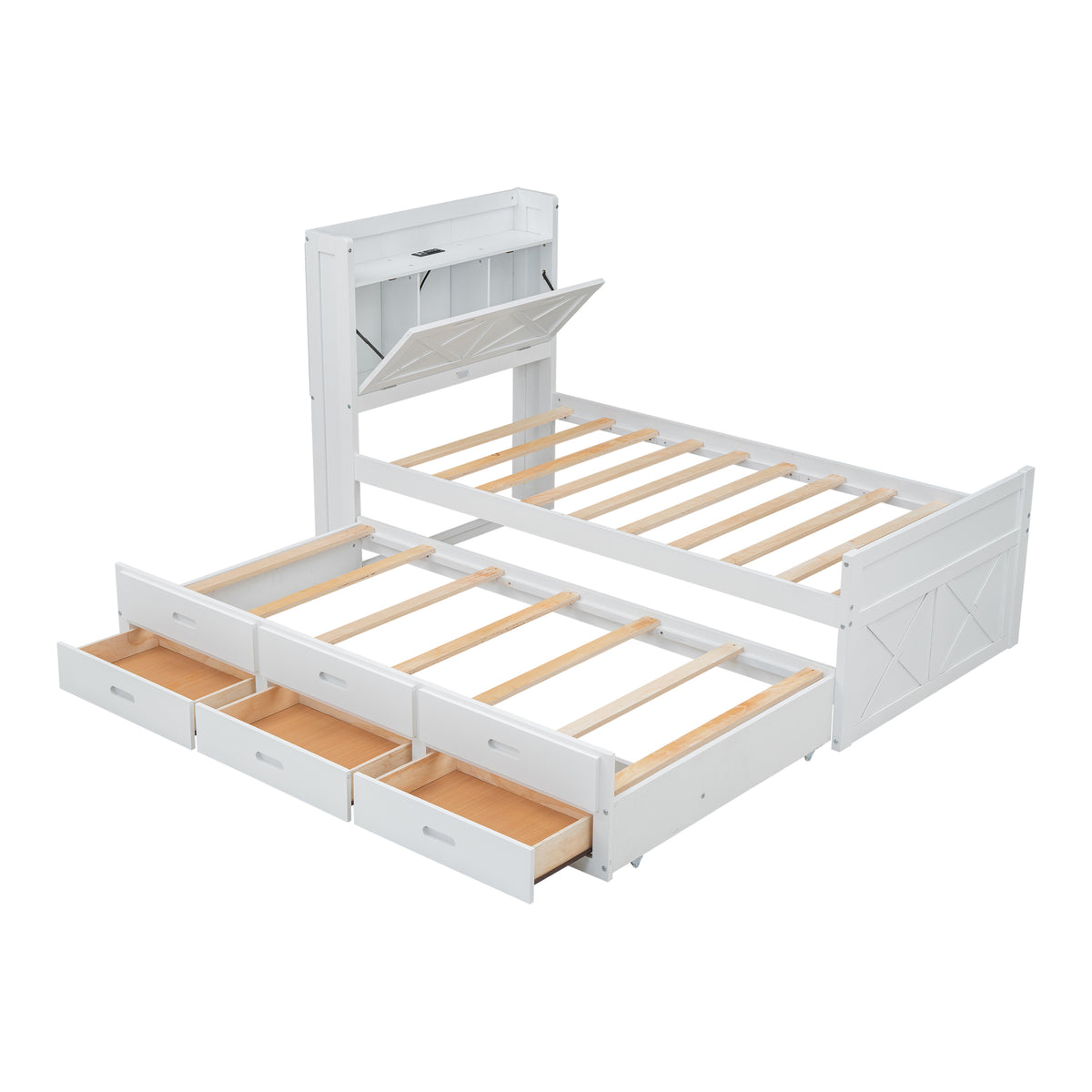 variant-group:rf-n733s172839k|Roomfitters Twin Size Wooden Bed with Storage Headboard, Functional Outlets, Extendable Frame with Twin Trundle and Smart Storage, White