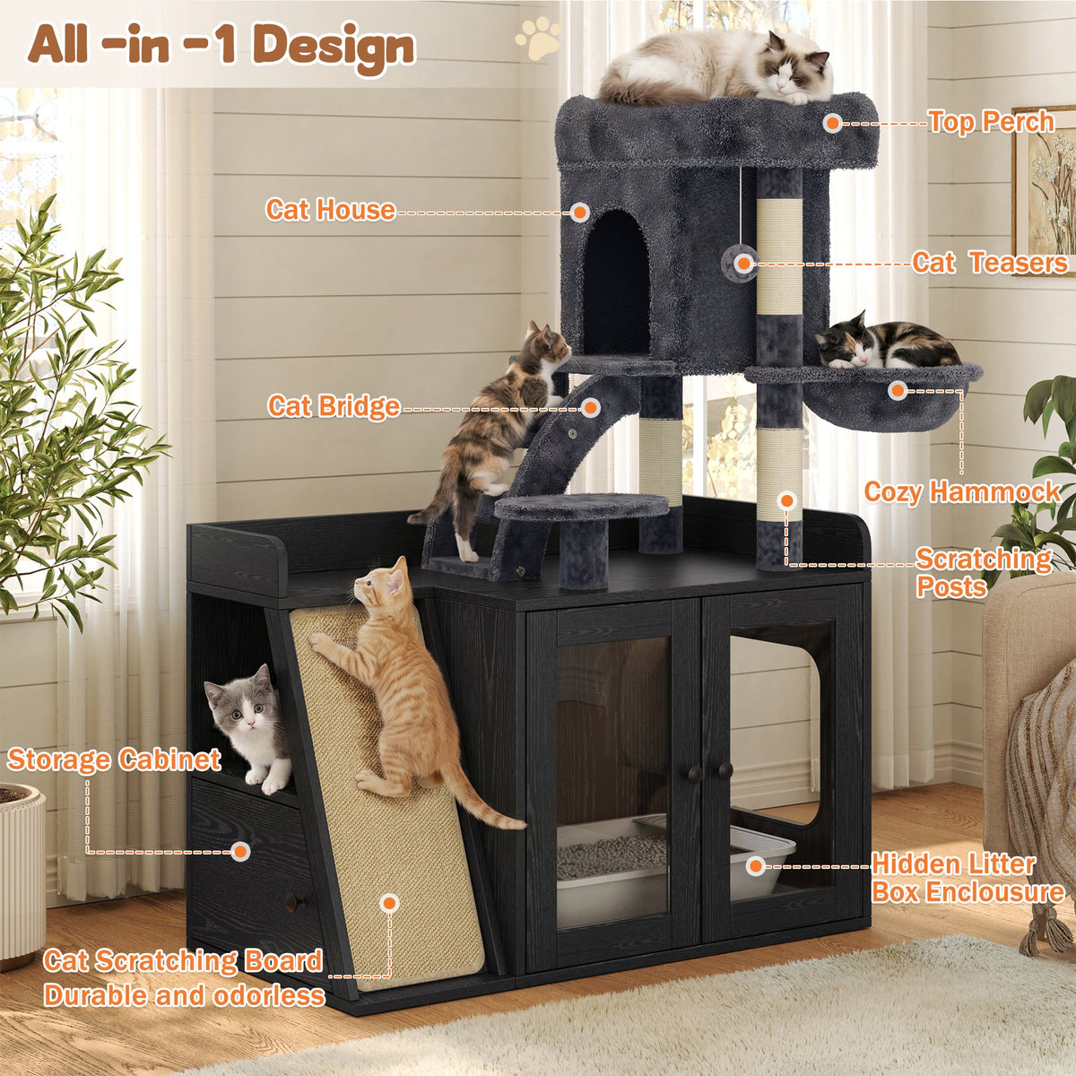 Roomfitters Modular Litter Box Enclosure with Built-In Cat Tree Tower Sisal Scratching Board and LED Light Black Roomfitters