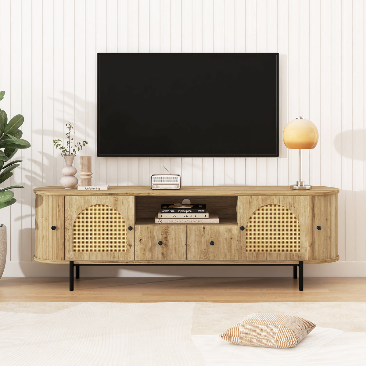 variant-group:rf-n724p437189d|Roomfitters American Style TV Stand with Rattan Arched Doors, Steel Legs, Burly Wood