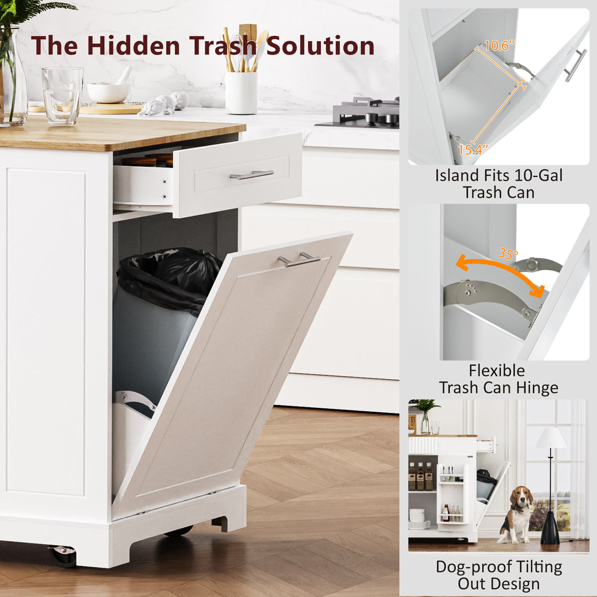 variant-group:rf-n707p221571w|Roomfitters Fluted Kitchen Island with Trash Can Cabinet, Power Outlet, Storage Rack, Rolling Cart with Open Side Racks, White