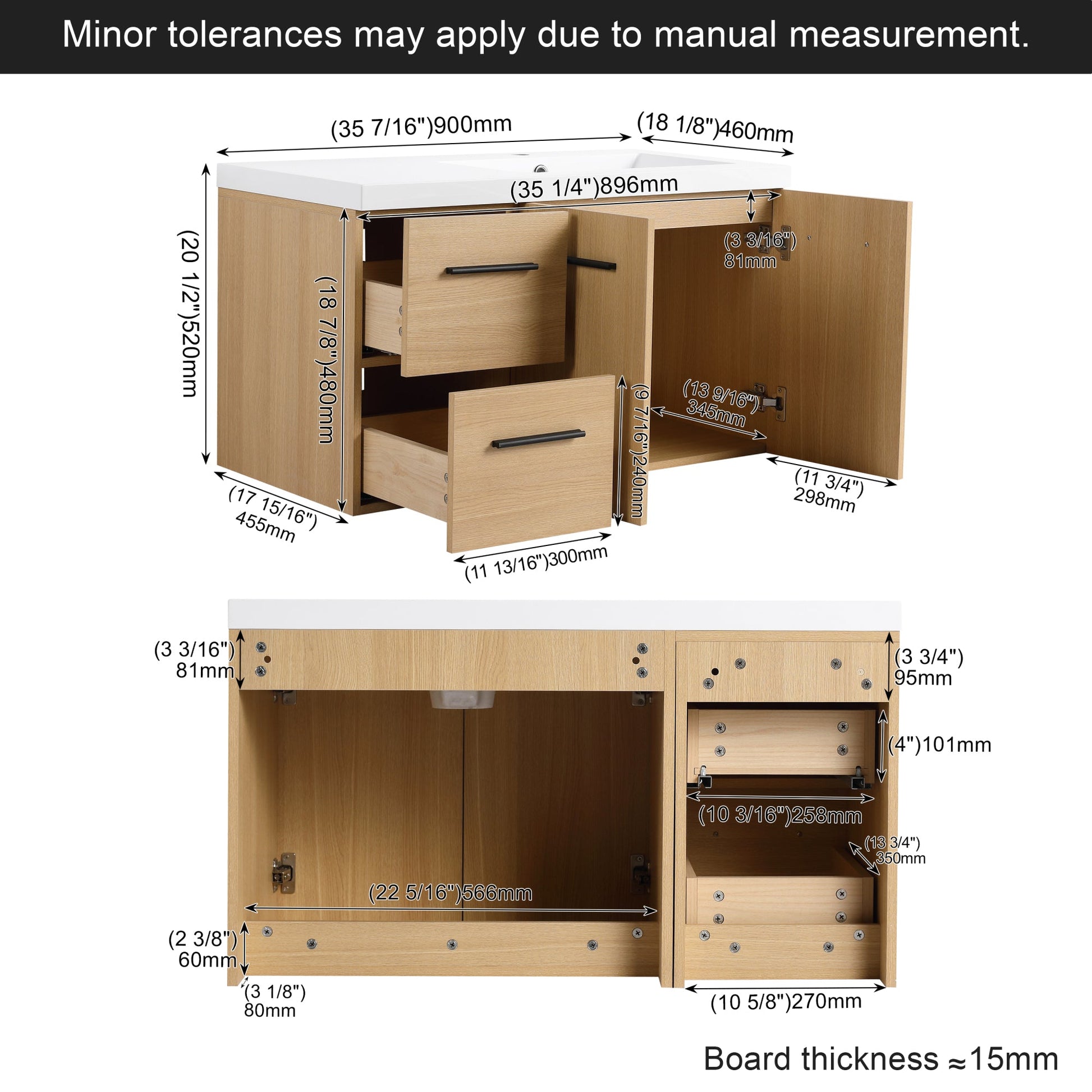 36" Wall-Mounted Floating Bathroom Vanity with Sink, Light Oak, 2-Door & 2-Drawer Modular Cabinet, Gel Coat Sink Top, 3 Boxes Roomfitters