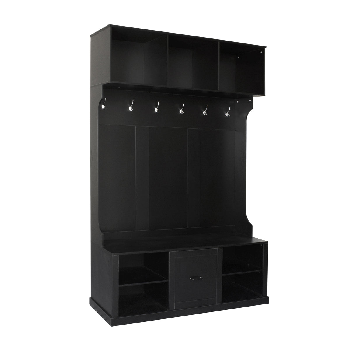 variant-group:rf-n724p264673b|Roomfitters 3-in-1 Hall Tree with 6 Hooks, Coat Rack and Entryway Bench, 57" Organizer with Drawer for Hallway or Living Room, Black