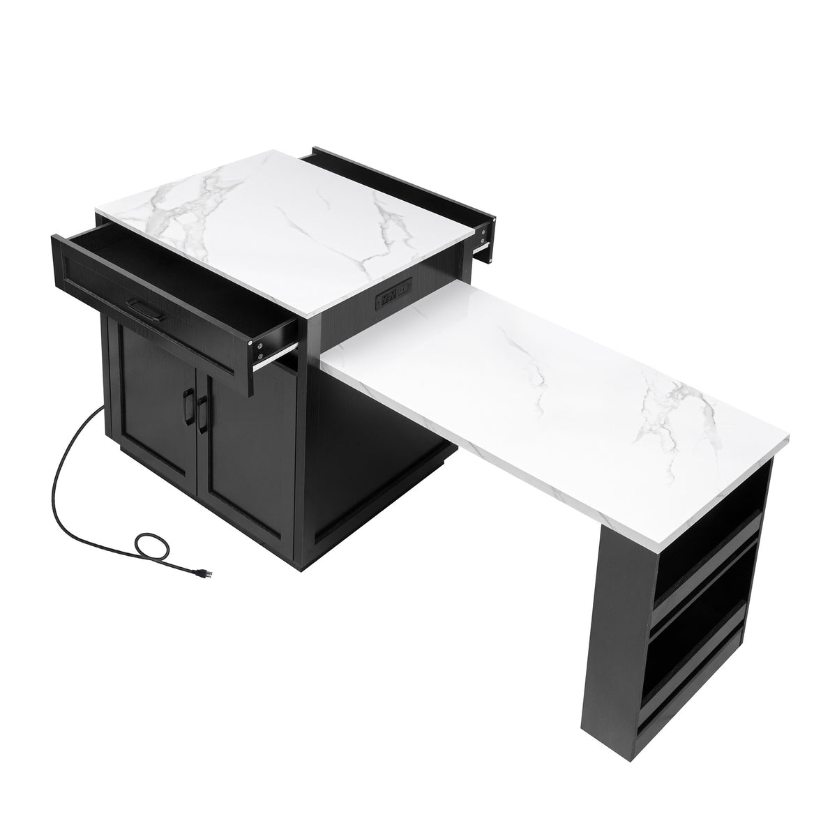 variant-group:rf-n707s000010b|Roomfitters 82.7" Kitchen Island with Extendable Table, Faux Marble Top, Double Storage, Power Outlet, Black