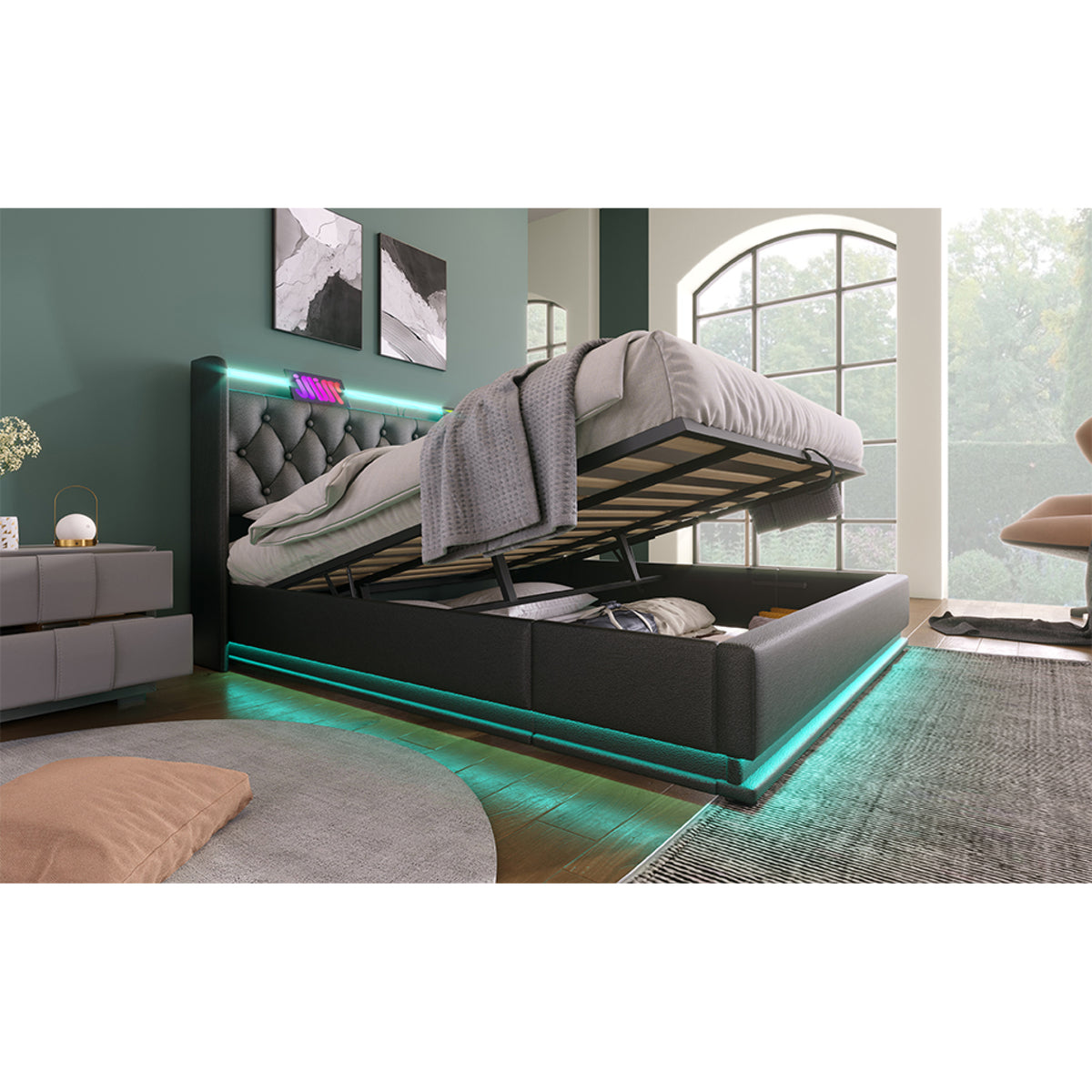 variant-group:rf-n736p188808b|Roomfitters King Size Upholstered Storage Bed with USB Type-C Charging and Remote Control, Faux Leather Black