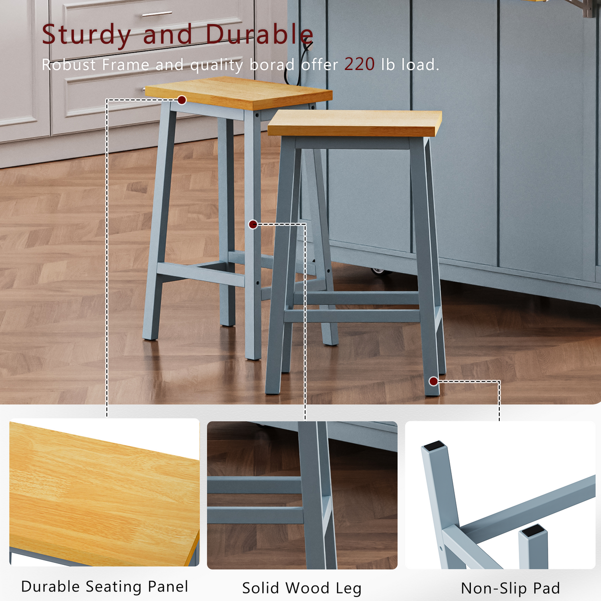 variant-group:rf-n707p185529g|Roomfitters Set of 2 Counter Height Stools, 25.6" A-Frame Solid Wood Bar Stools with Contoured Wood Seat & Footrest, Grey Blue