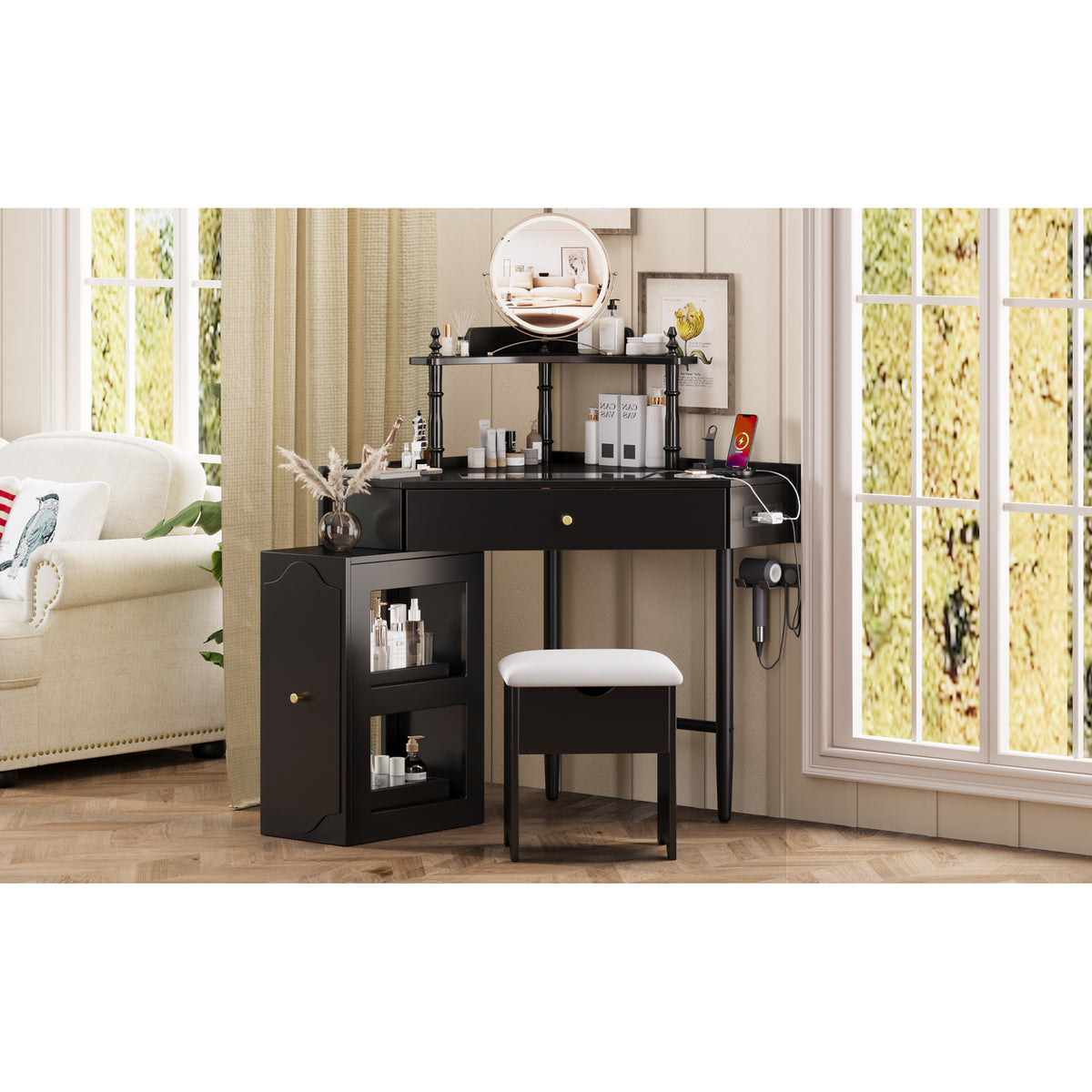 variant-group:rf-n733p336237b|Roomfitters Corner Vanity Desk Set with Stool, Charging Station, Glass Top, Drawer, Shelf, Pull-Out Cabinet, Black