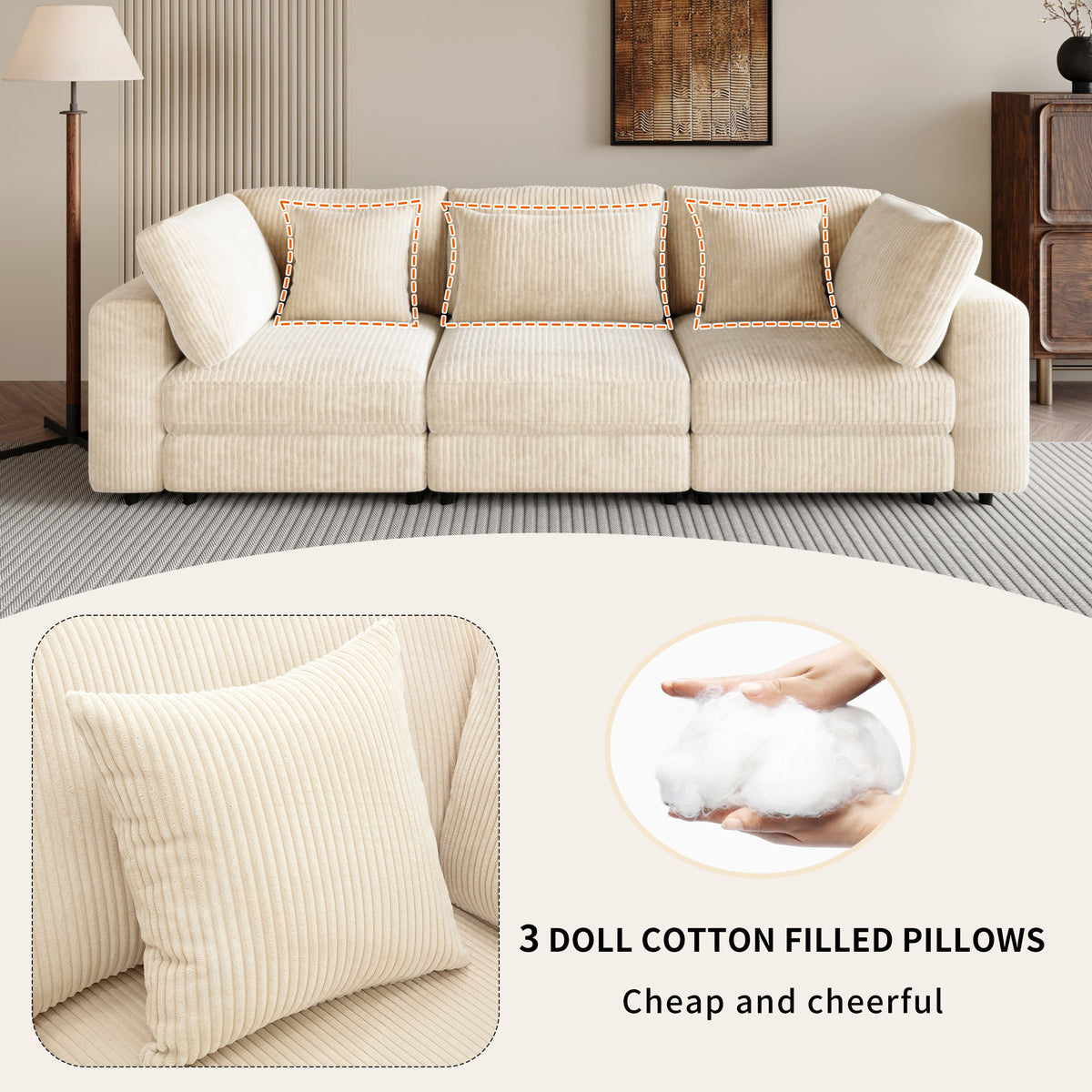variant-group:rf-n711wy000403aaa|Roomfitters 105'' 3-Seater Sofa with Removable Back Cushions and 5 Pillows for Living Room, Apartment, Spacious Space, Beige