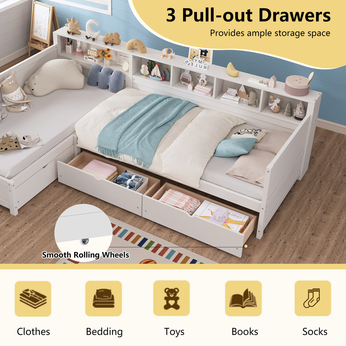 variant-group:rf-n733s369272k|Roomfitters Twin L-Shaped Daybed for 2 with 3 Storage Drawers, Wooden Corner Bed Frame with Bookshelf for Bedroom, White