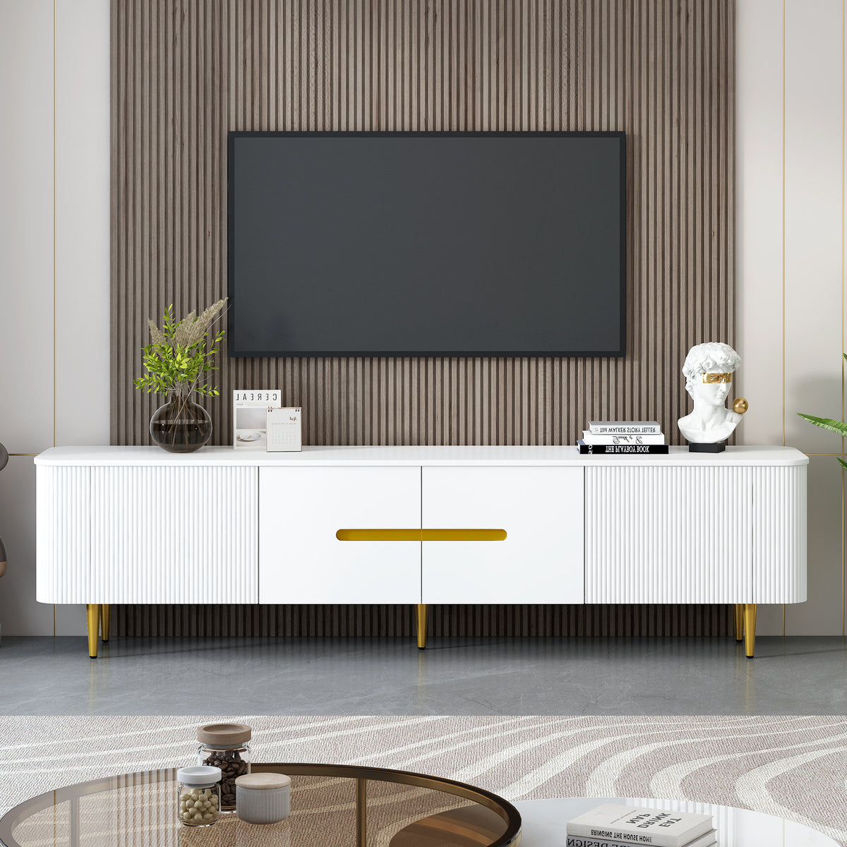 variant-group:rf-n724sj000143aak|Roomfitters Minimalist TV Stand for up to 85 Inch TV, Entertainment Center with Four Spacious Cabinets, White