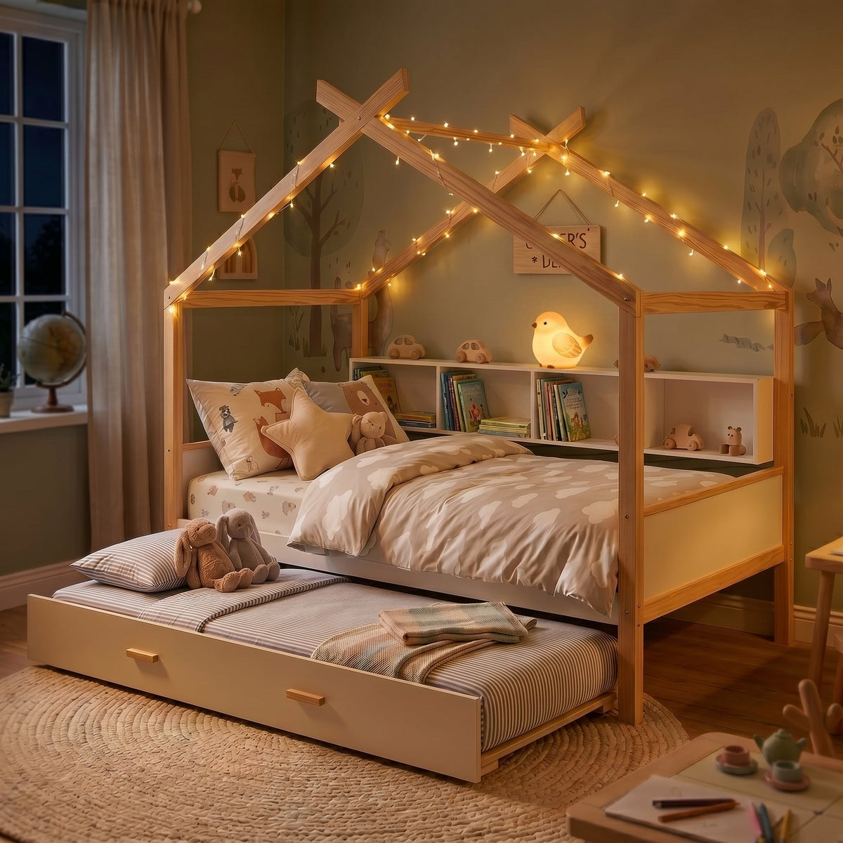 Roomfitters Twin Size Wooden House Bed Frame with Twin Trundle, Bookshelf Storage Furniture, No Box Spring, White Natural Roomfitters