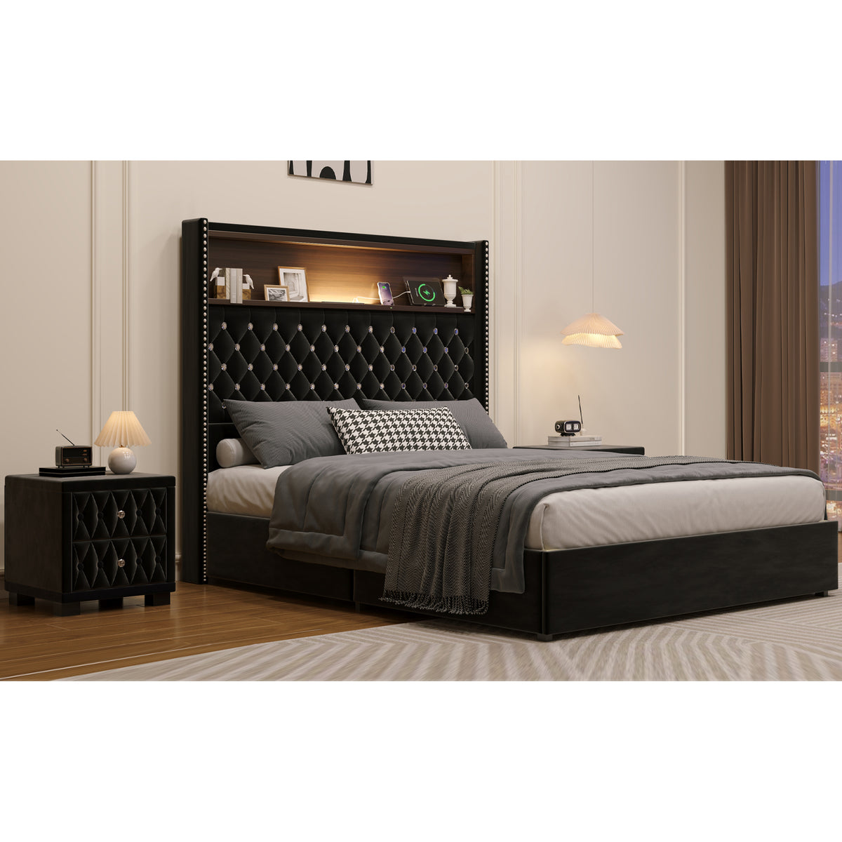variant-group:rf-n733p368653b|Roomfitters Full Velvet Tufted Platform Bed with Charging Ports, Tall Wingback Headboard with Rivet Trim and Shelf, Black