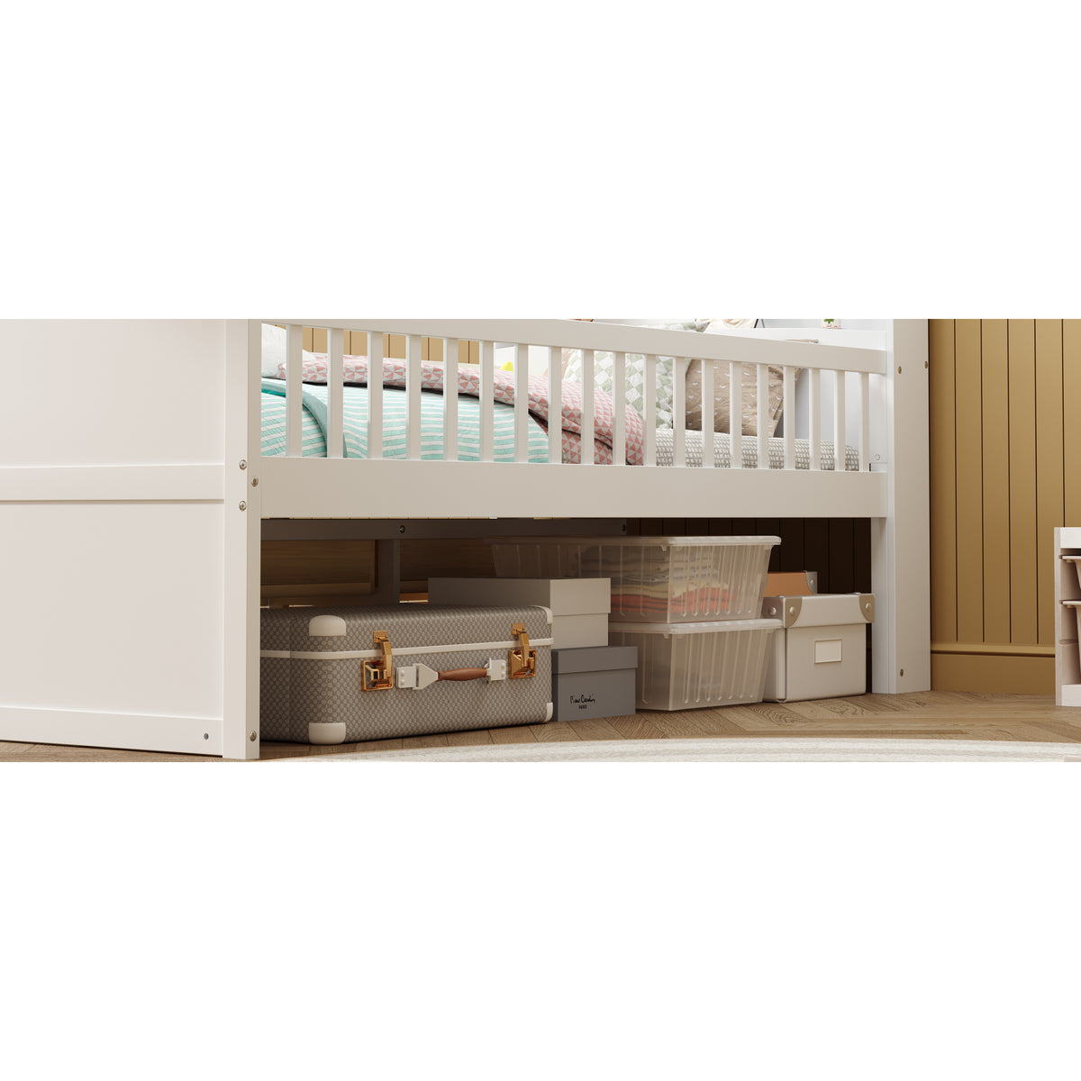 variant-group:rf-n733s278032k|Roomfitters Twin Platform Bed Frame with Four Drawers, Wooden Kids Bed with Guardrail Headboard and Ladder, White
