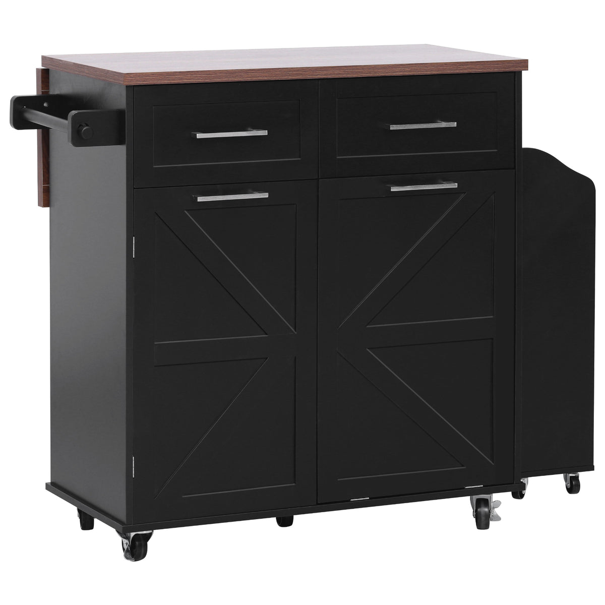 variant-group:rf-n707p307296b|Roomfitters 47.2" Farmhouse Kitchen Island with Drop Leaf, Tilt Trash Can Cabinet, Removable Mobile Side Racks, Black