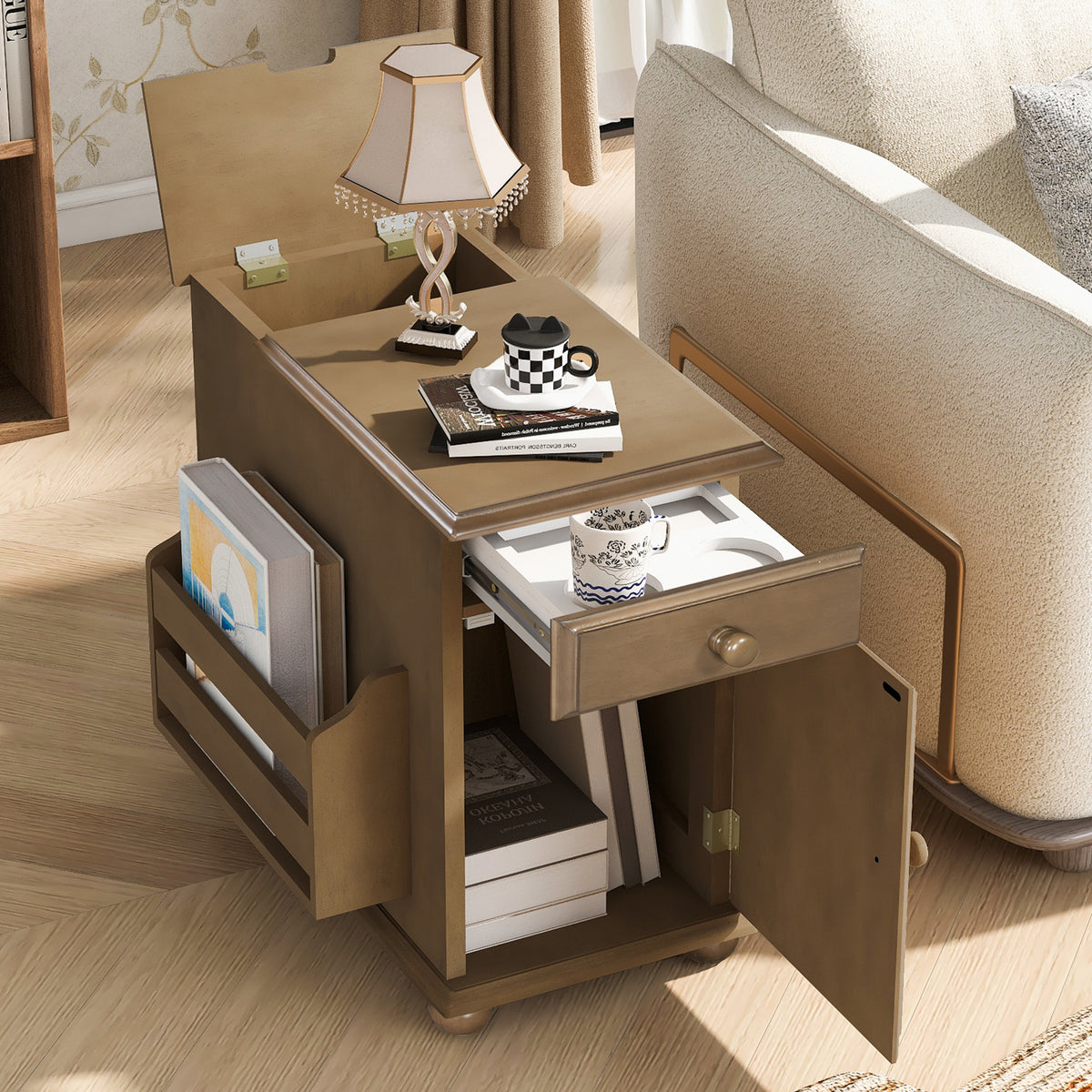 variant-group:rf-n724p293133d|Roomfitters Vintage Sofa Side Table with USB Ports, Flip Top, Cup Holders and Bookshelf Storage for Small Spaces, Brown