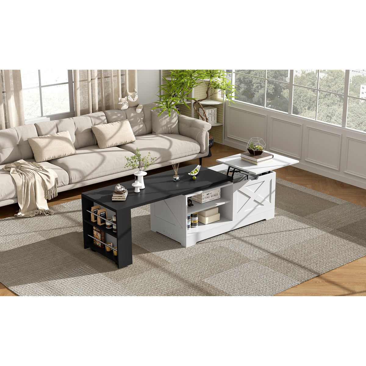 variant-group:rf-n724p351732k|Roomfitters Farmhouse Lift Top Coffee Table with Barn Doors and Outlets, White & Black