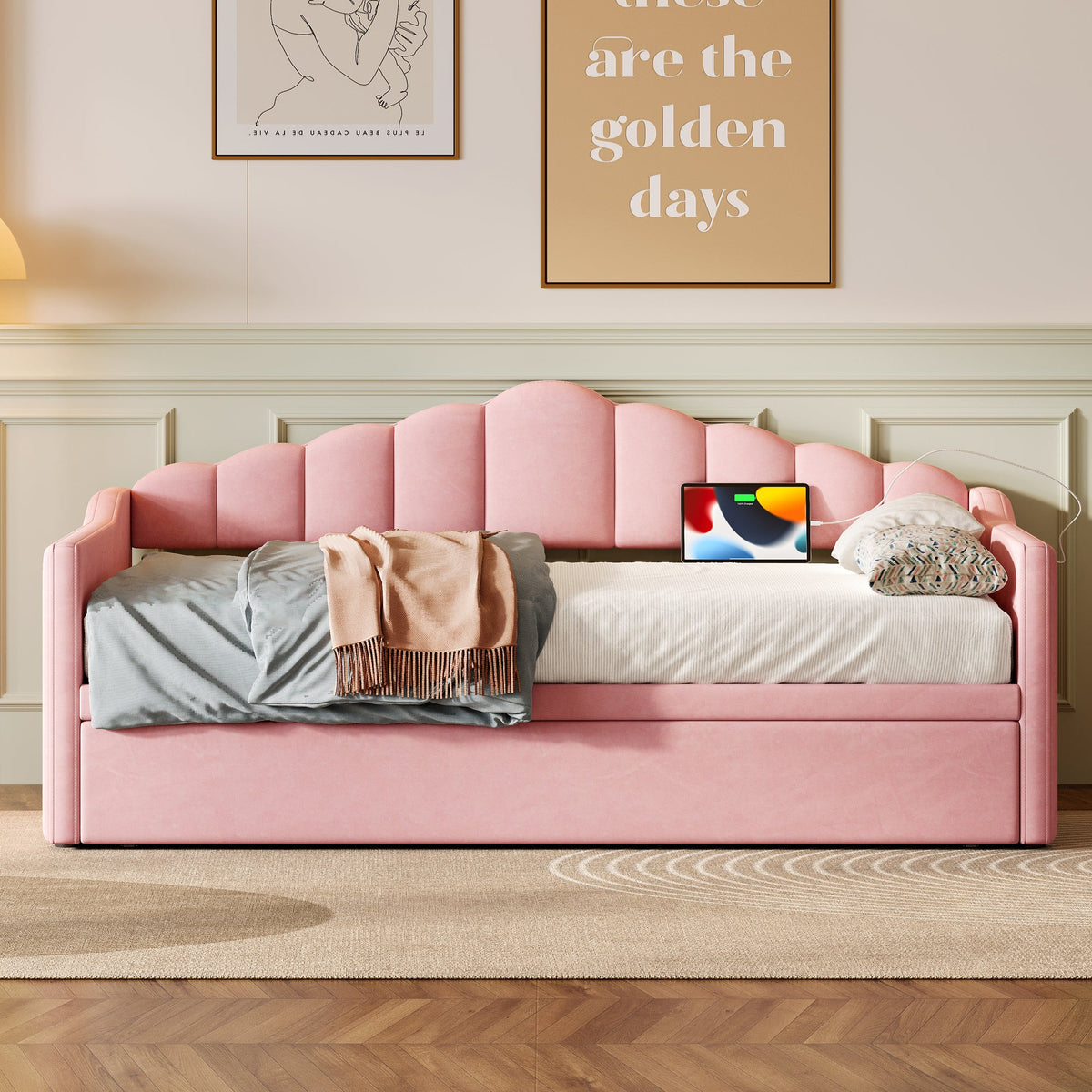 Roomfitters Upholstered Twin Size Daybed with Adjustable Pop-Up Trundle, Sofa Bed with USB & Type-C Ports and Side Pockets, Pink