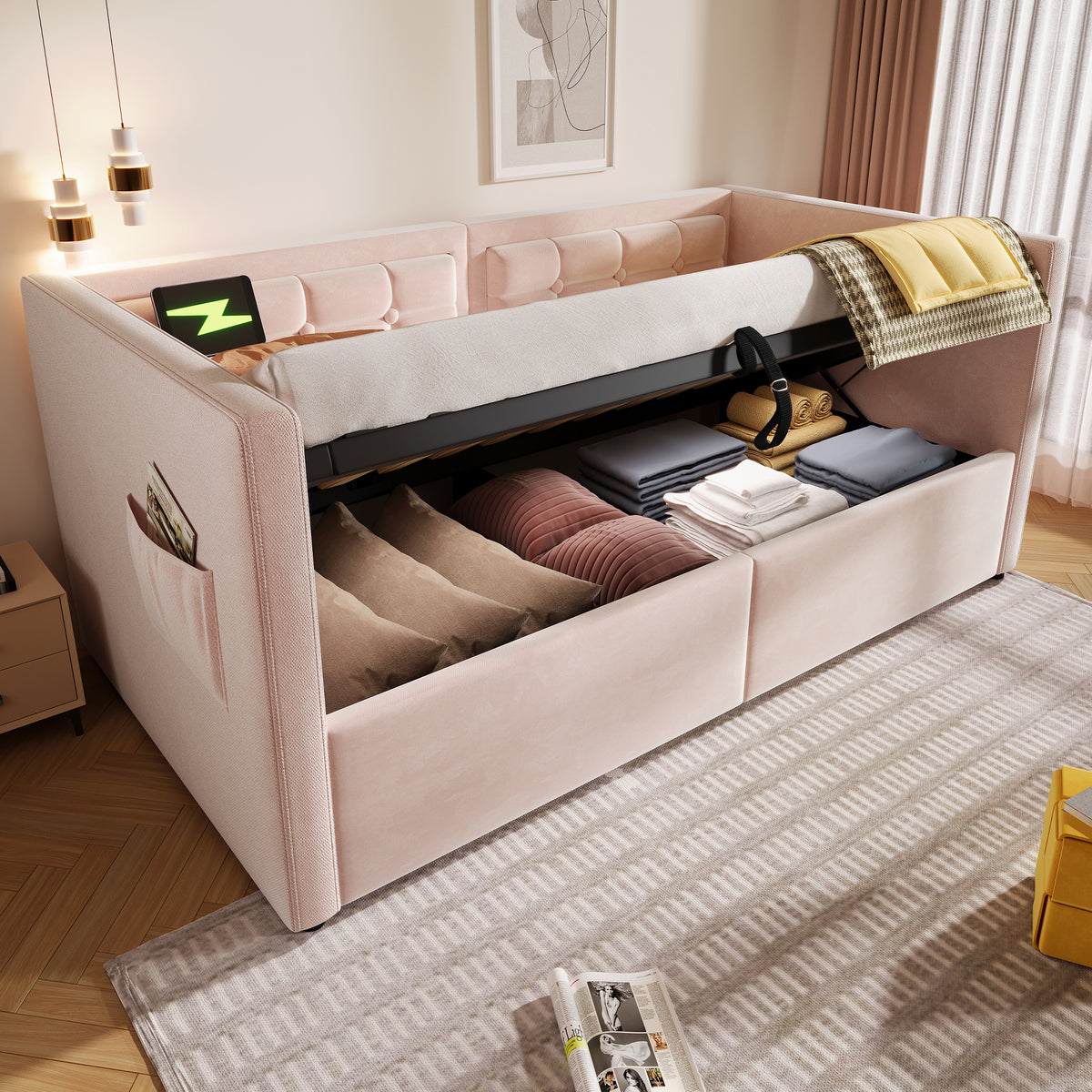 variant-group:rf-n736p303402p|Roomfitters Upholstered Twin Size Daybed with Storage, USB & Type-C Charging, Tufted Sofa Back, Velvet Pink