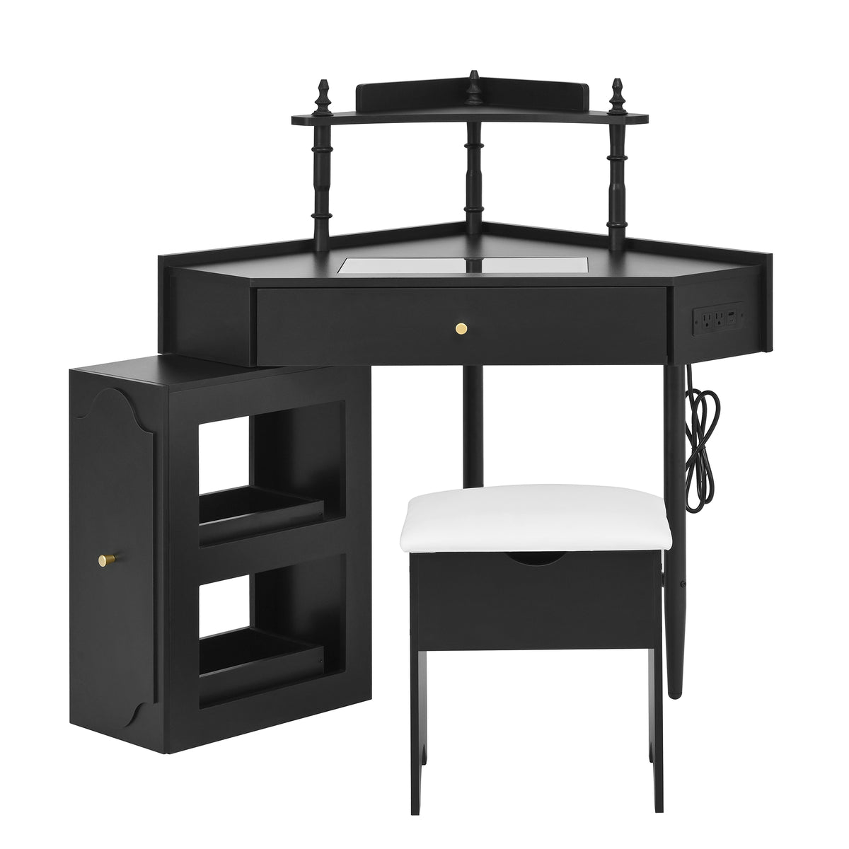 variant-group:rf-n733p336237b|Roomfitters Corner Vanity Desk Set with Stool, Charging Station, Glass Top, Drawer, Shelf, Pull-Out Cabinet, Black