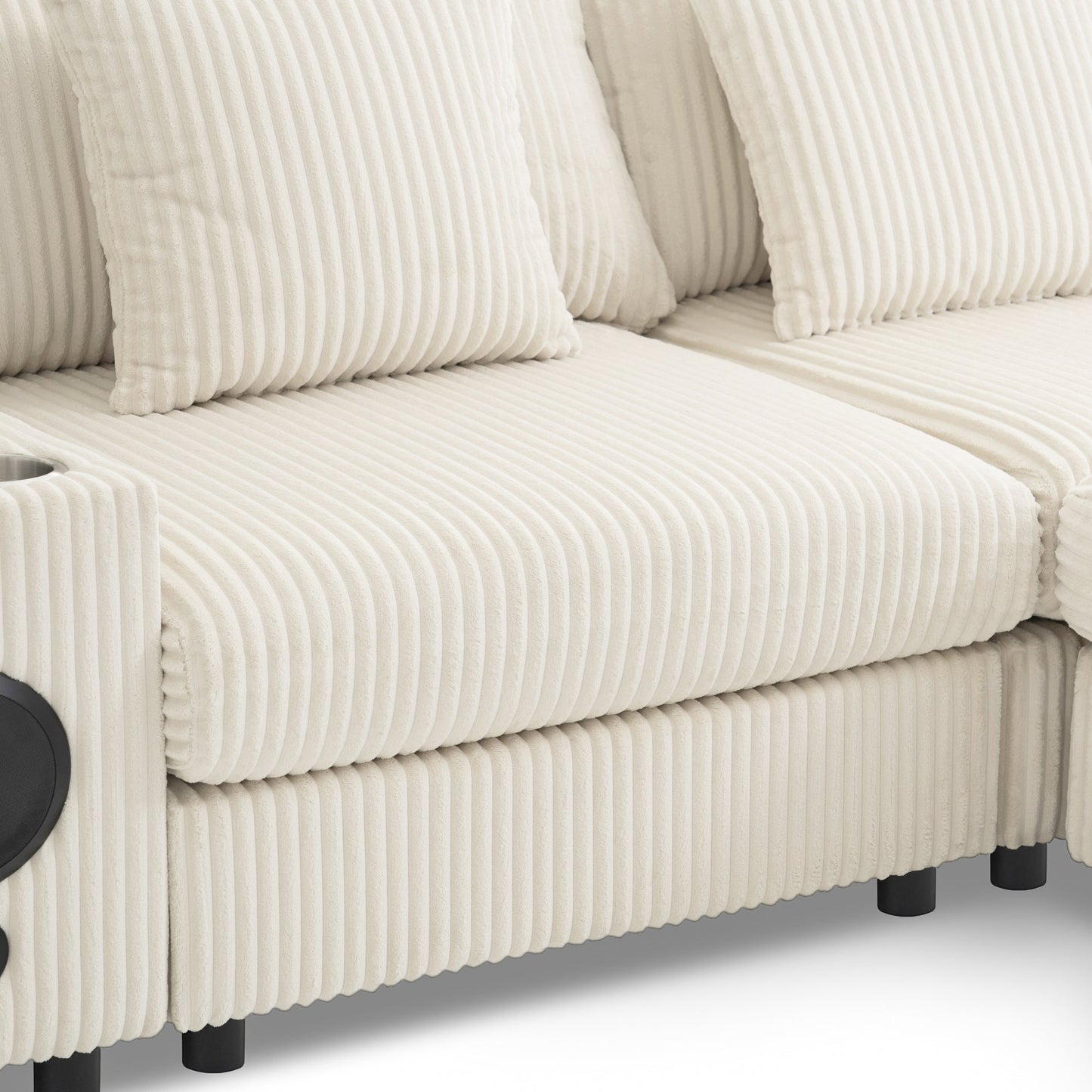 Roomfitters 112 Inch L-Shaped Modular Sectional Sofa with Bluetooth Speaker, Console and Cup Holders for Home, Cream Roomfitters